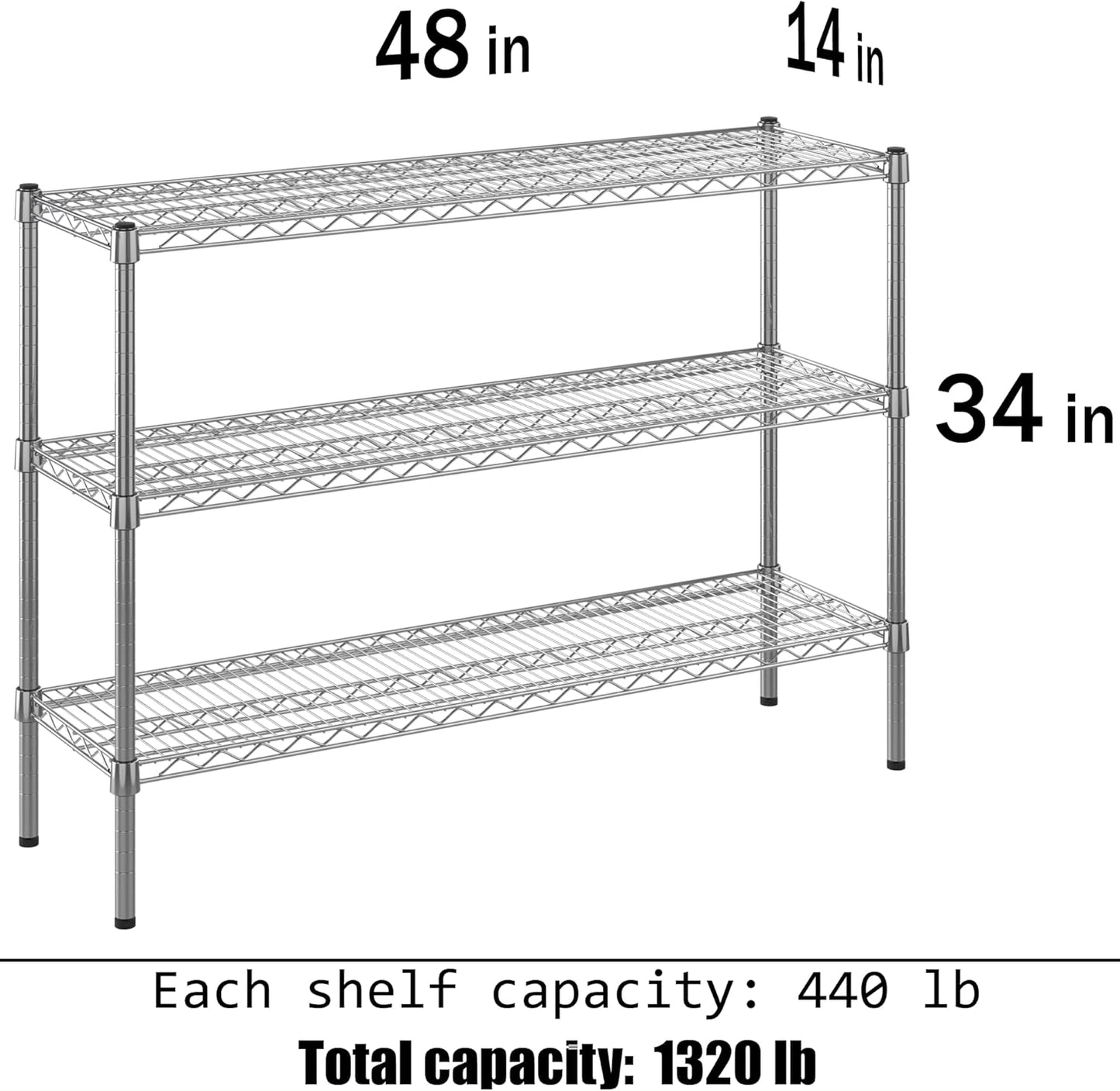 14" Deep x 48" Wide x 34" Height Wire Shelving Kit | 3-Tier | NSF Commercial Storage Rack Unit