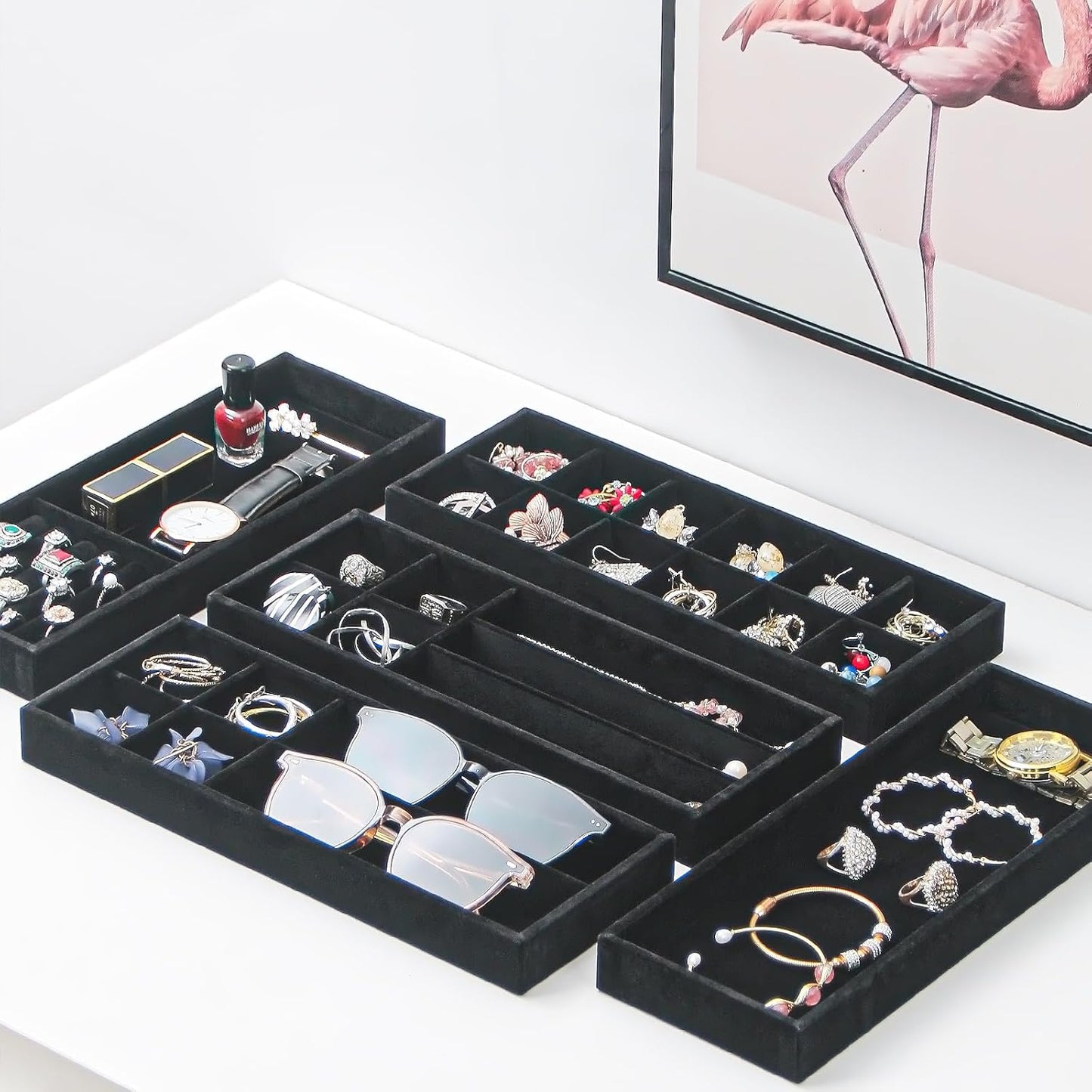 Divided Drawer Organizer Tray, Velvet Jewelry Storage Tray, Necklace Bracelet Ring Earring Display Tray,Bedside Nightstand Desk Holder Tray for Phone Watch Sunglasses Cosmetics Storage/Black/1grid