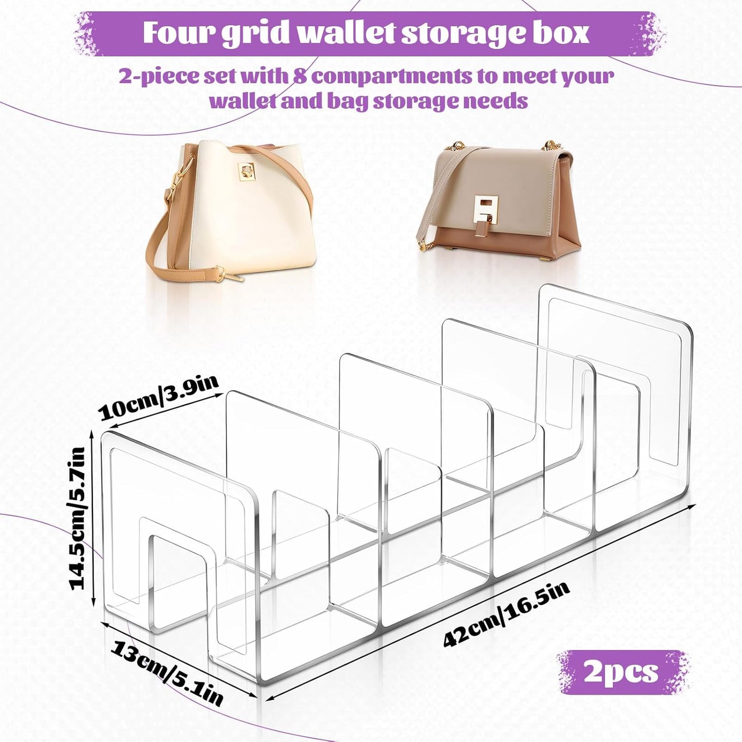 2 Pcs Acrylic Purse Organizer for Closet, 4 Sections Clear Handbag Storage Shelf 16.5 x 5.7 x 5.1 Inch Thickened Handbags Divider for Clutch, Clothes, Book, Document