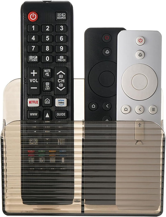 LINFIDITE Adhesive TV Remote Control Holder Wall Mount TV Remote Holder For Bedside Wall Remote Control Caddy Storage Organizer Stand Box （For 2 Or 4 Remote Controls –Clear Brown – Quantity 1）