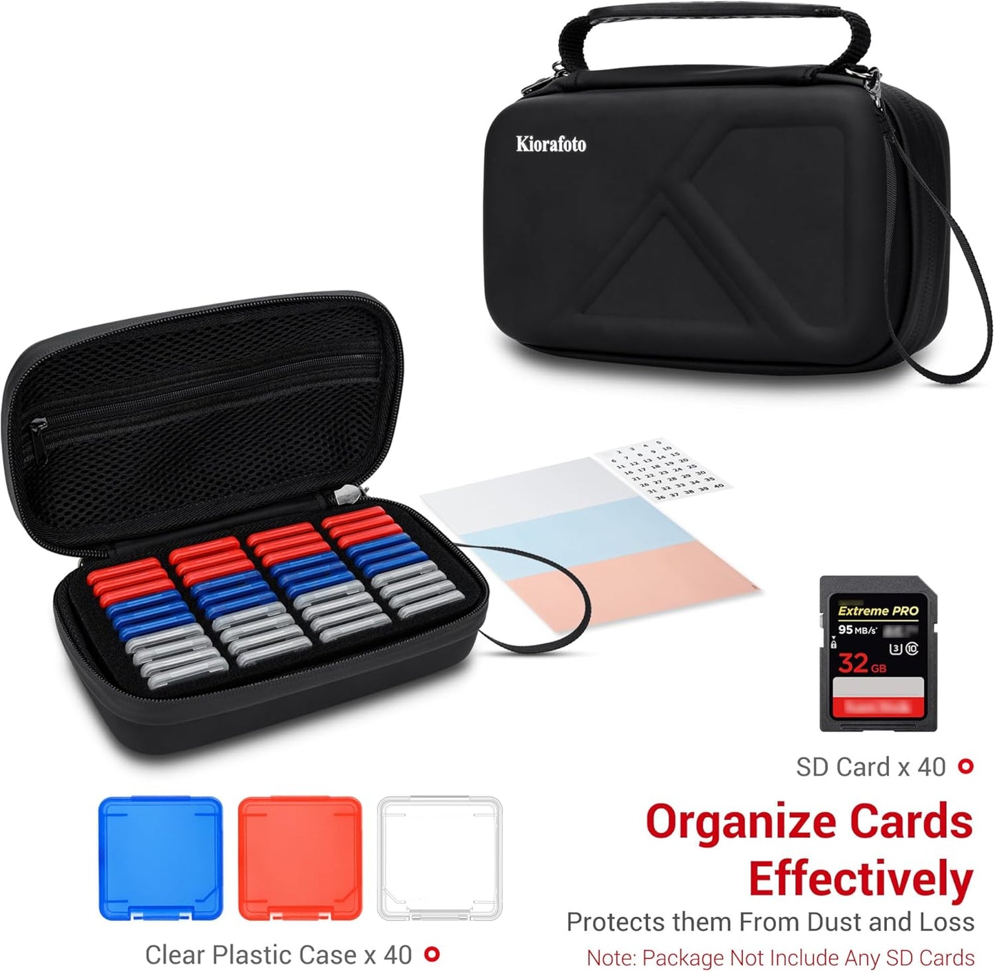 EVA PU SD Card Case with 40 PCS Individual Plastic Memory Card Holder for 40 SD SDXC SDHC Cards,Dual Protect Water-Resistant Anti-Shock SD Card Carrying Case Organizer with Handle & Labels