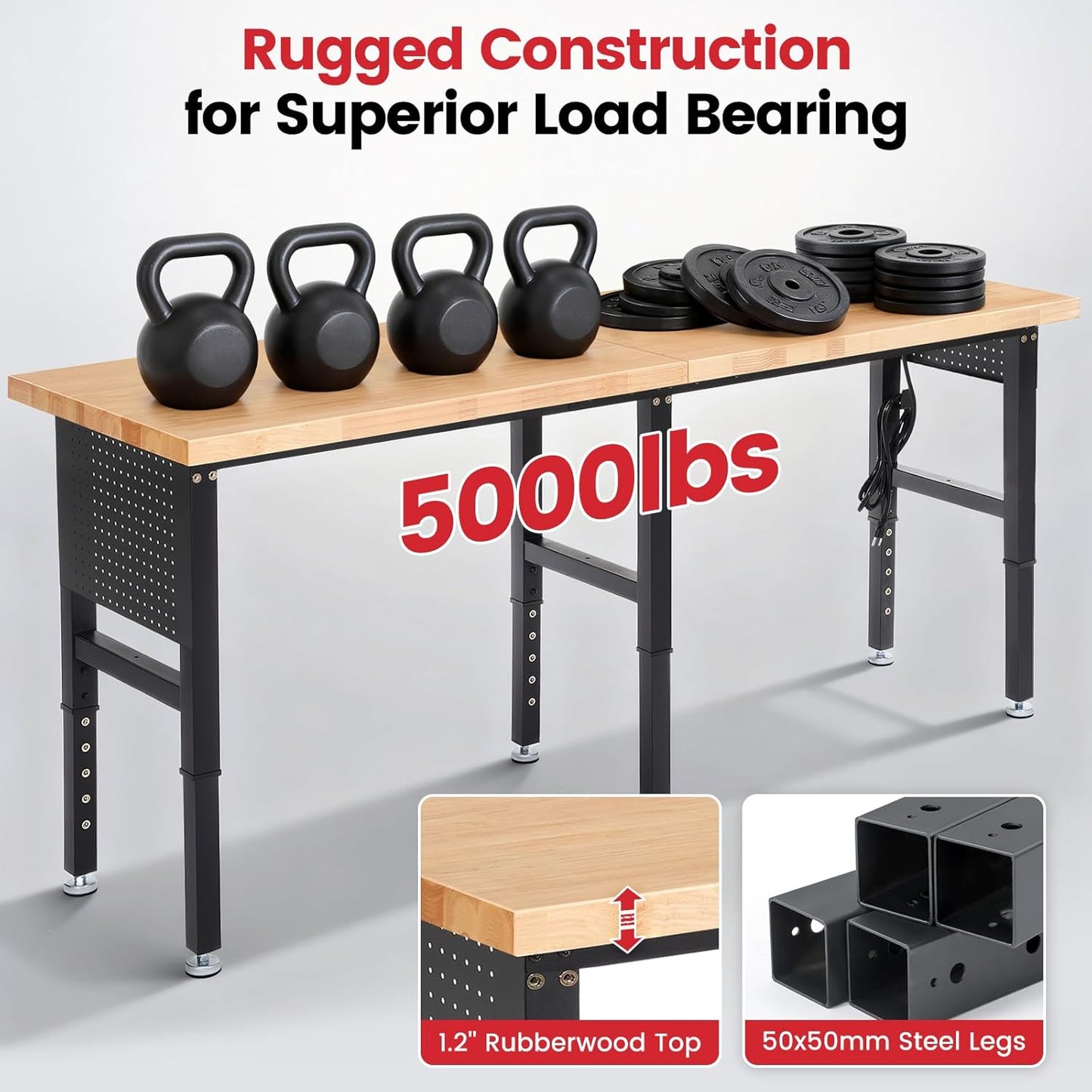 Work Bench 84 x 24 Inch Adjustable Height Rubber Wood Top Work Table 5000 Lbs Load Capacity Workstation with Power Outlets & Extended Pegboard for Garage, Workshop, Home, Office