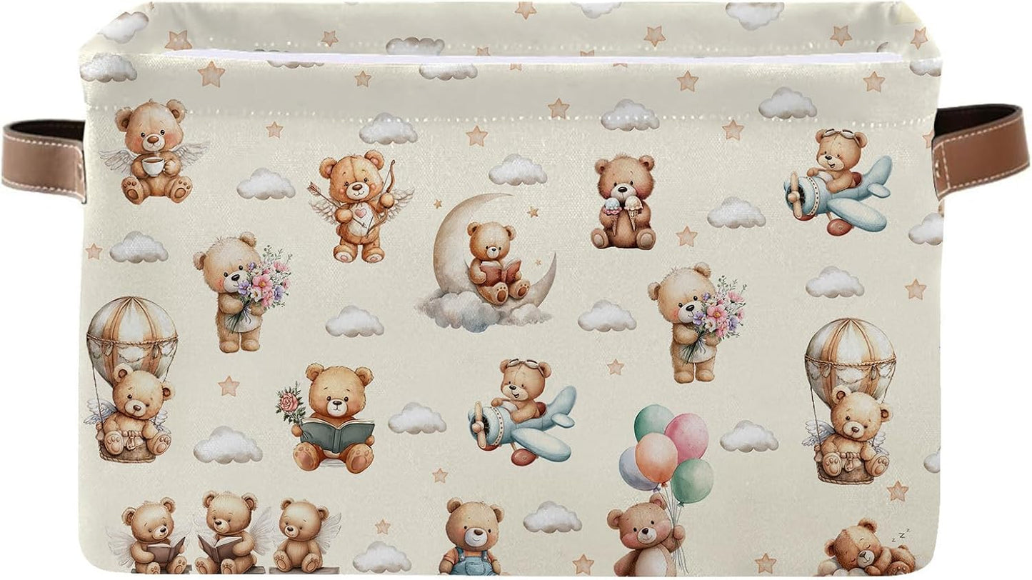 Rectangle Cute Bear Nursery Storage Basket, Collapsible Storage Box Bin with Handles for Toy, Balloon Storage Basket , Laundry Organizer for Room, Gifts for Chritsmas Thanksgiving 14.9x11x9.4