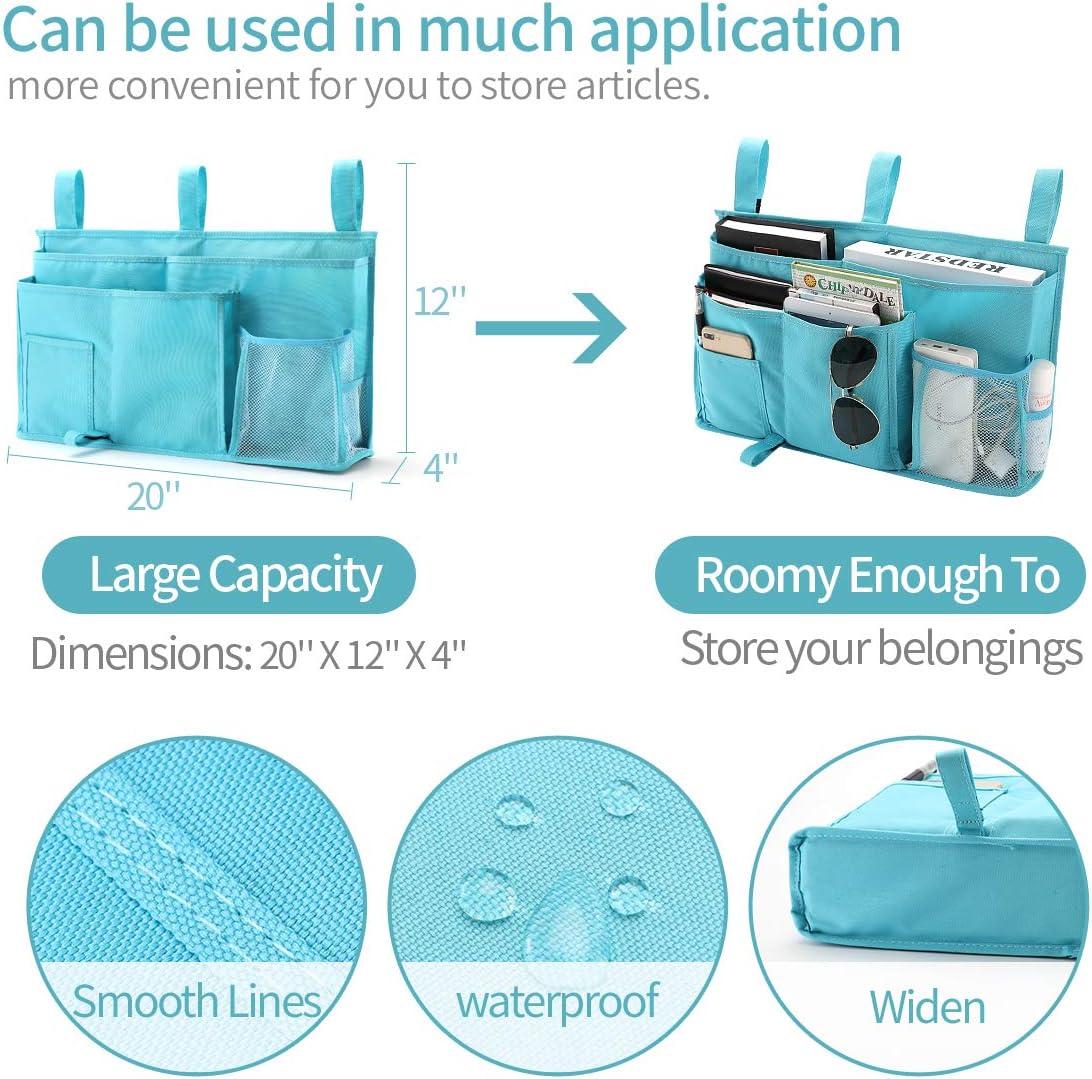 Bseash Bunk Bed Organizer, Bedside Caddy Hanging Bed Organizer Storage Bag 8 Pockets, for College Dorm Rooms Bed, Hospital Bed, Baby Bed Rails, 600D Oxford Cloth (Light Blue)