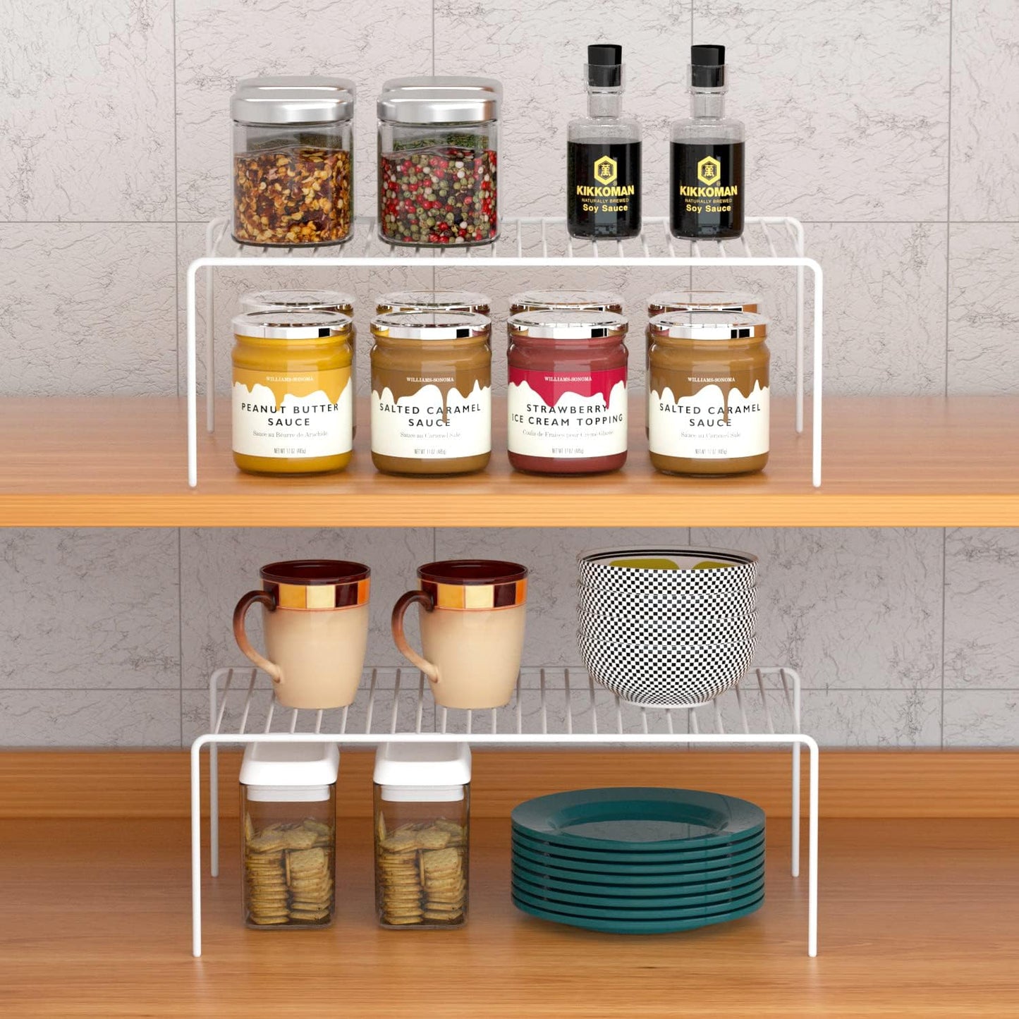 Kitchen Cabinet Shelf Organizer Set of 5, Large (15.7 x 9.4 inch) Metal Wire Pantry Storage Shelves, Dish Plate Racks for Cabinets, Freezer, Counter, Cupboard Organizers and Storage, White