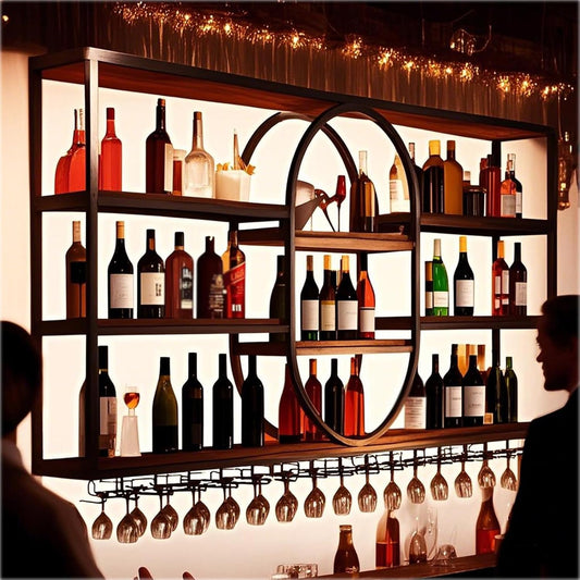 Large Wall Mount Wine Rack, Metal 4 Tier Large Capacity Hanging Bar Rack with Wine Glass Holder, Oval Wine Bottle Storage Display Rack for Kitchen, Living Room, Home (Black, 160cm/63in)