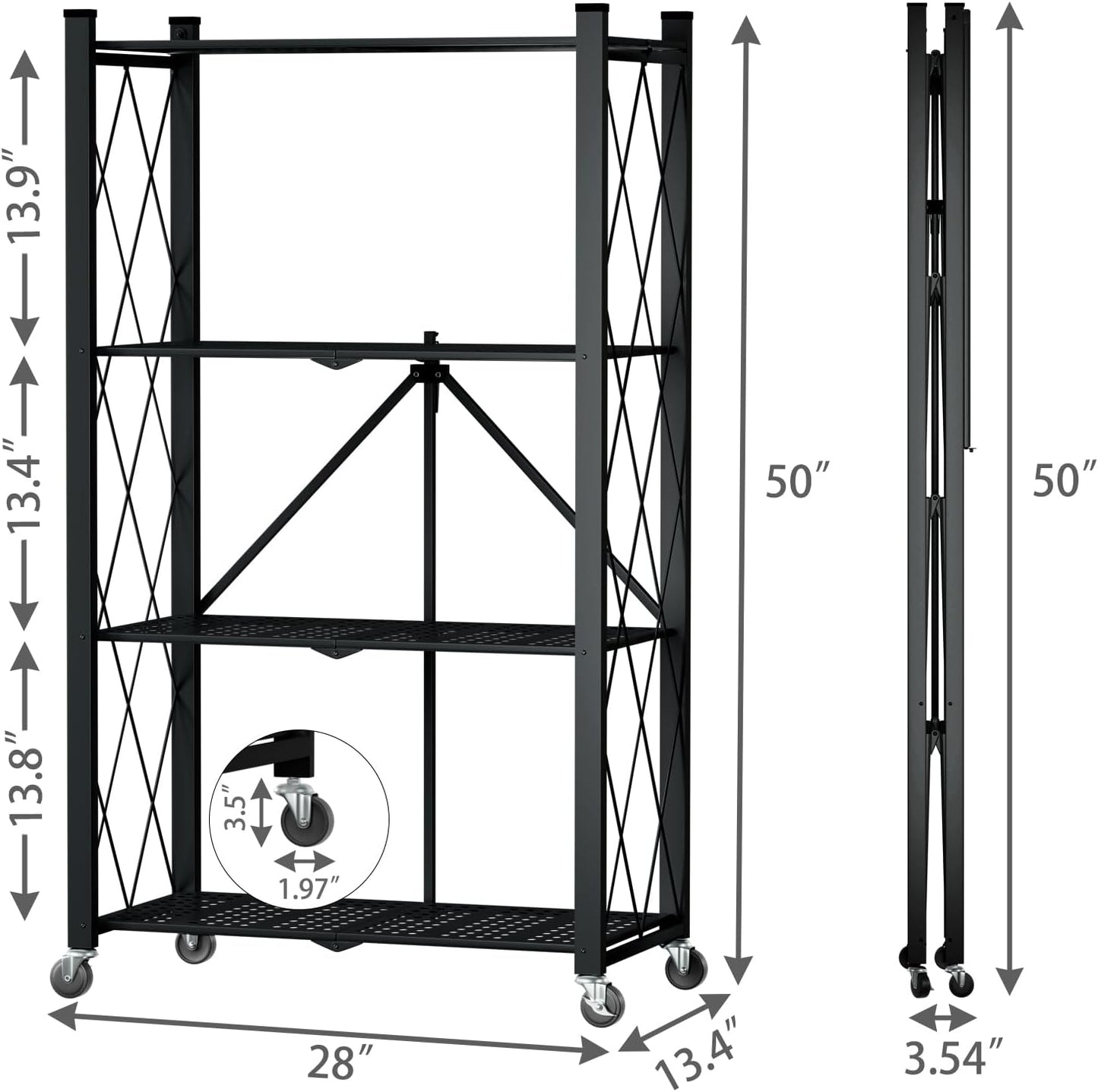 4 Tier Foldable Storage Shelf with Wheels, Heavy Duty Folding Shelf Loads 600 LBS, Metal Steel Collapsible Shelves, Rolling Standing Utility Rack for Kitchen, Pantry, Office, Black