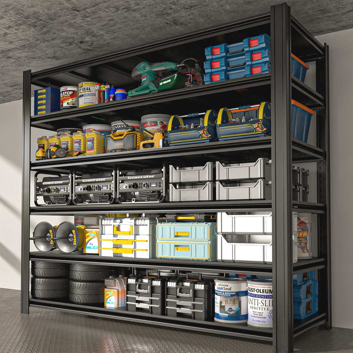 Extra Big/Large 55.12"Wide Father&I Industrial 6-Heavy-Dudy-Shelf-Rack Tall Metal/Steel Adjustable Garage Bin Storage Shelving Stand Shelves Units/System for Shed, 84" H*55.12W * 24" D, Black