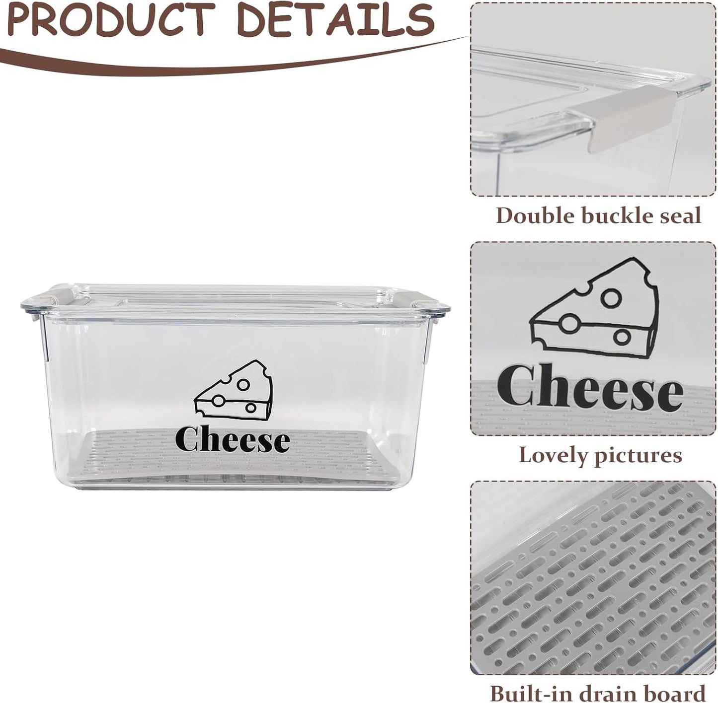 Cheese Container Airtight with Draining Basket Cream Cheese Sliced Cheeses Box with Lid Saver for Fridge Cheeses Keeper Cream Block Shredded Storage Box Saver (Clear)