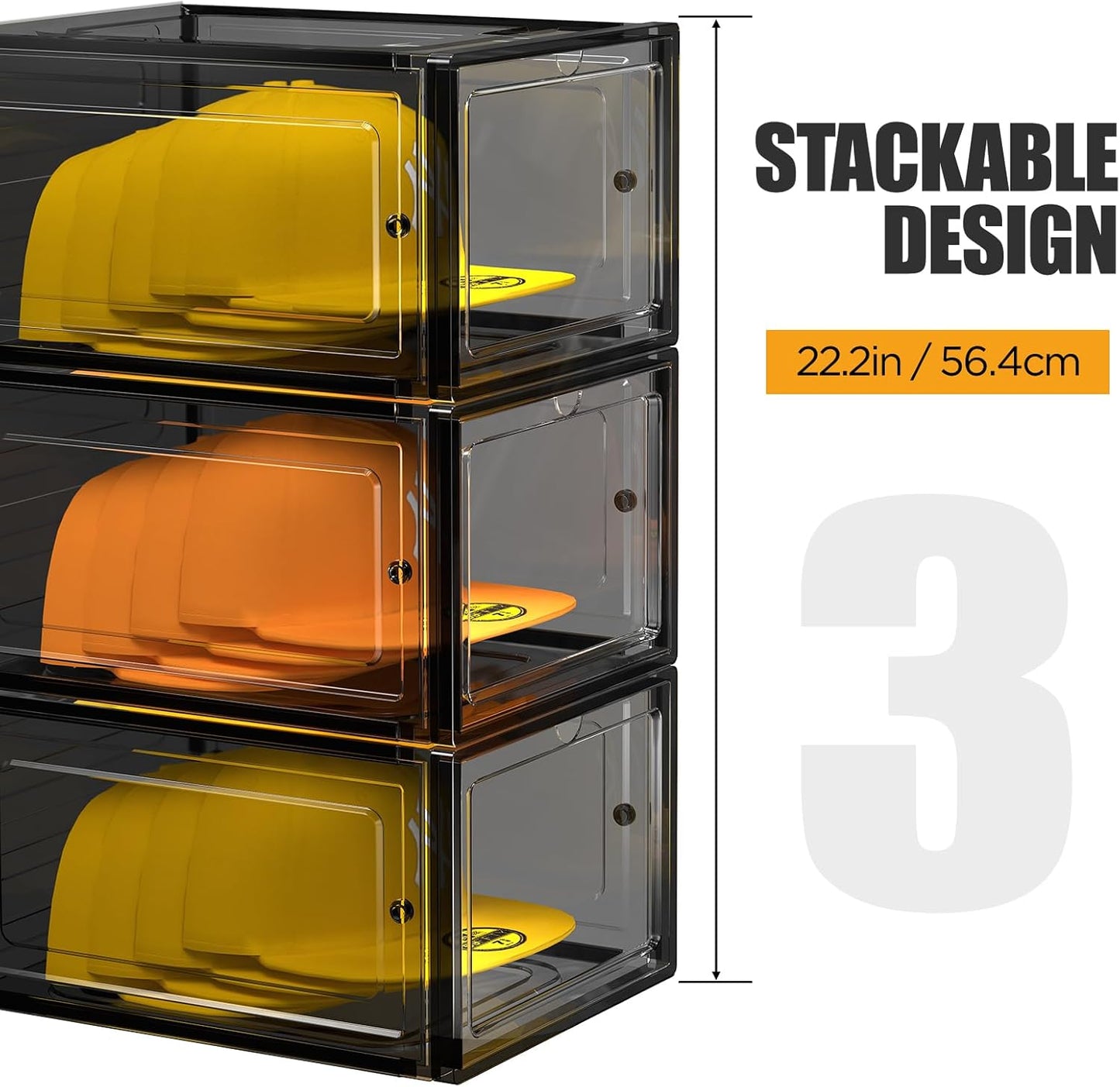 Hat Organizer Box, Stackable Clear Baseball Caps Holder Box Containers with Magnetic Door for Hats Snapback Cap Storag, Hat Rack Display Case, Holds 8 Hats Each (Black, 6 Pack)