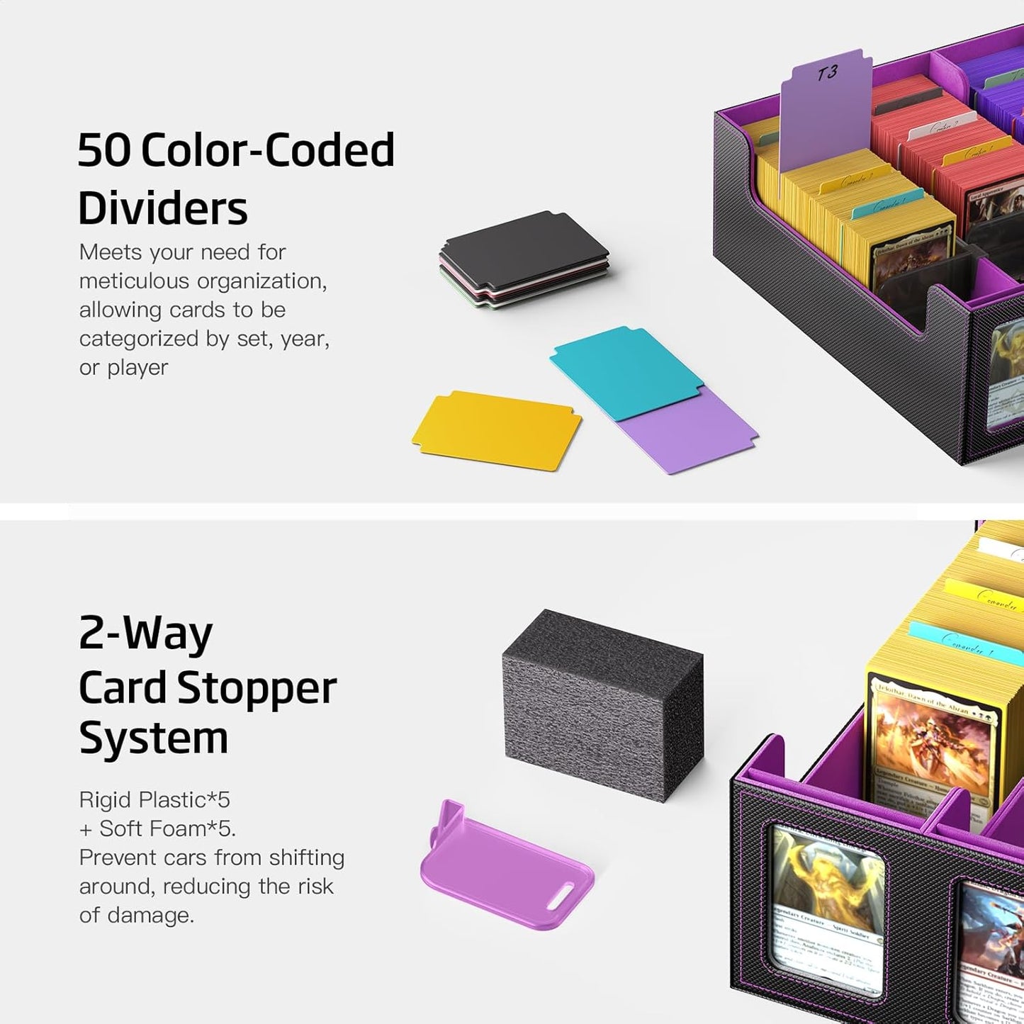 Trading Card Storage Box 5-Row 3900+ Capacity,TCG MTG Card Case with Magnetic Lid & Commander Display,Top Loader Storage for Sports Cards,Includes Dividers Dice Box（Black Purple）