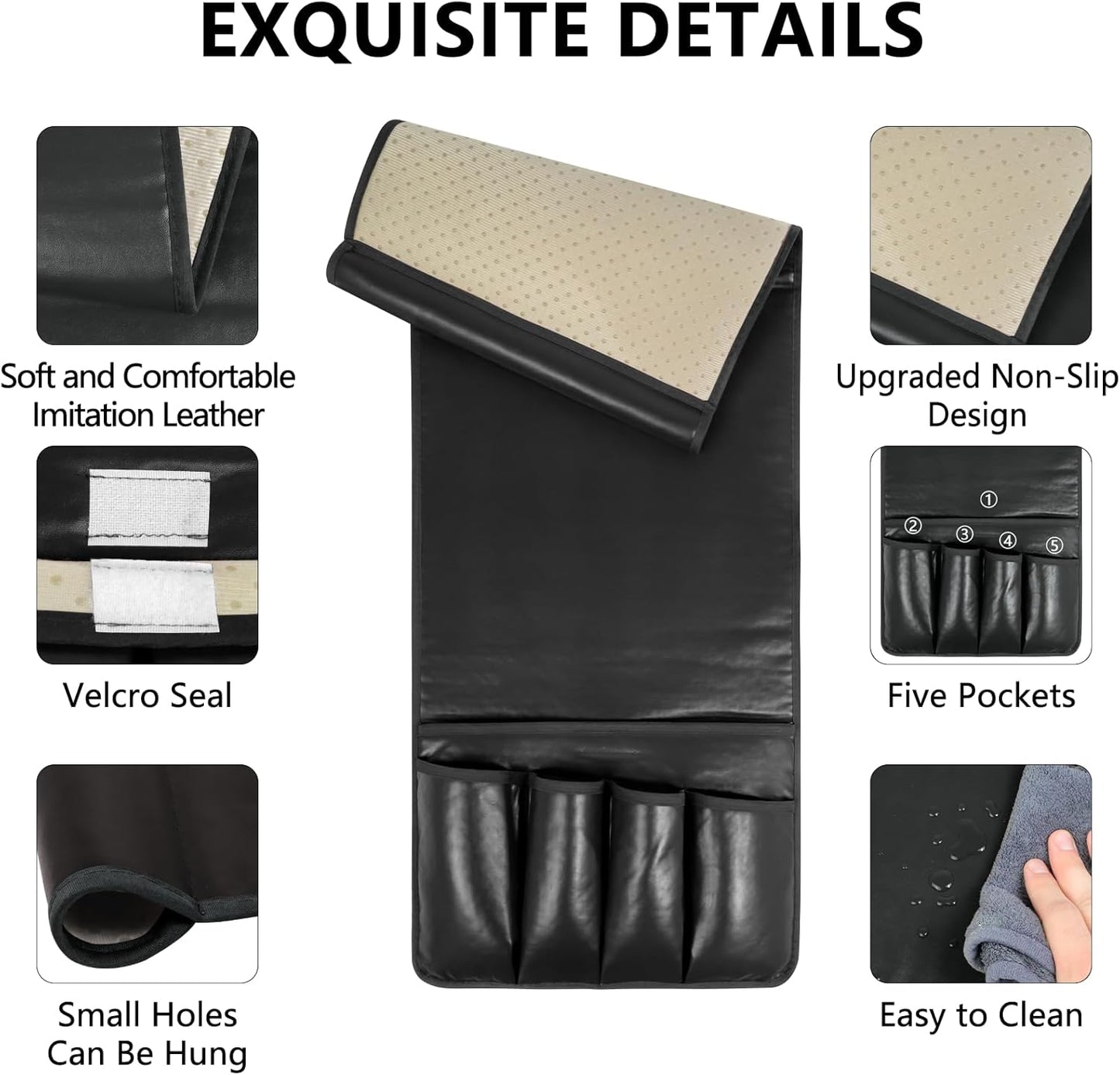 Non-slip Couch Organizer Armchair Caddy, Artificial Leather TV Remote Control Holder Bedside Caddy with 5 Pockets for Key Glasses Phone Magazine Holders (Black faux leather, 35"x12.4")