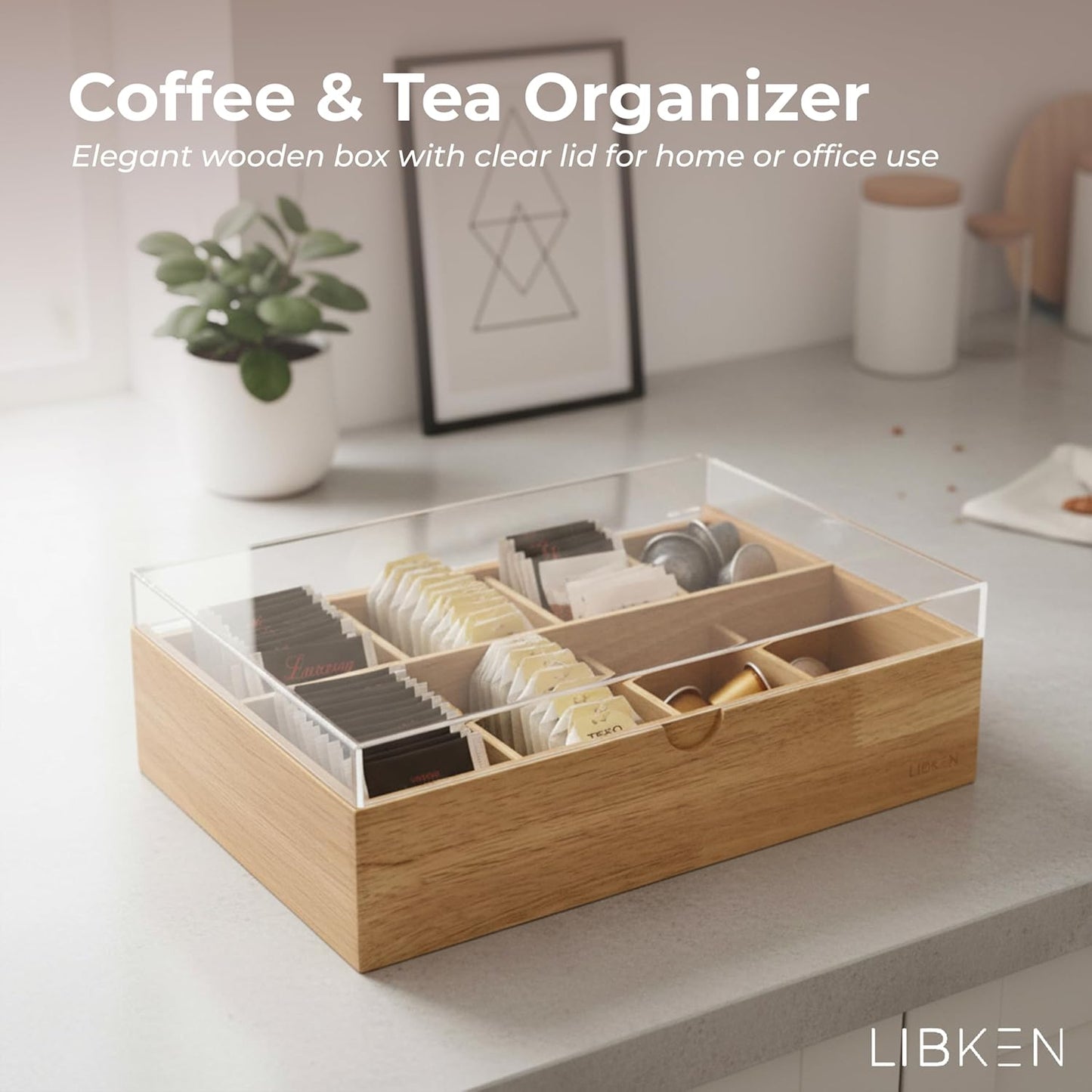Wooden Tea Bag Organizer Box – 8 Compartment Tea Storage with Clear Lid – Minimalist Scandinavian Design – Versatile Wooden Tea Box for Tea Bags, Jewelry, Crafts, Office & Countertop Storage