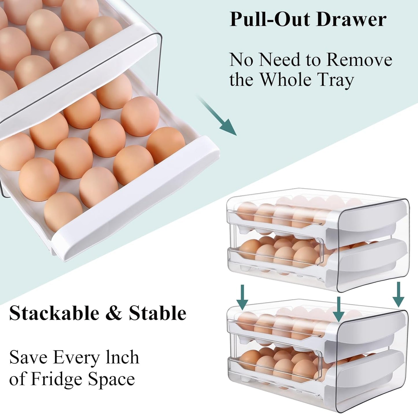 Zagtag® Egg Holder for Fridge, 2-Tier Stackable 40 Eggs Organizer Drawer for Refrigerator, Space-Saving Egg Container, Clear Plastic Egg Tray for Kitchen Storage