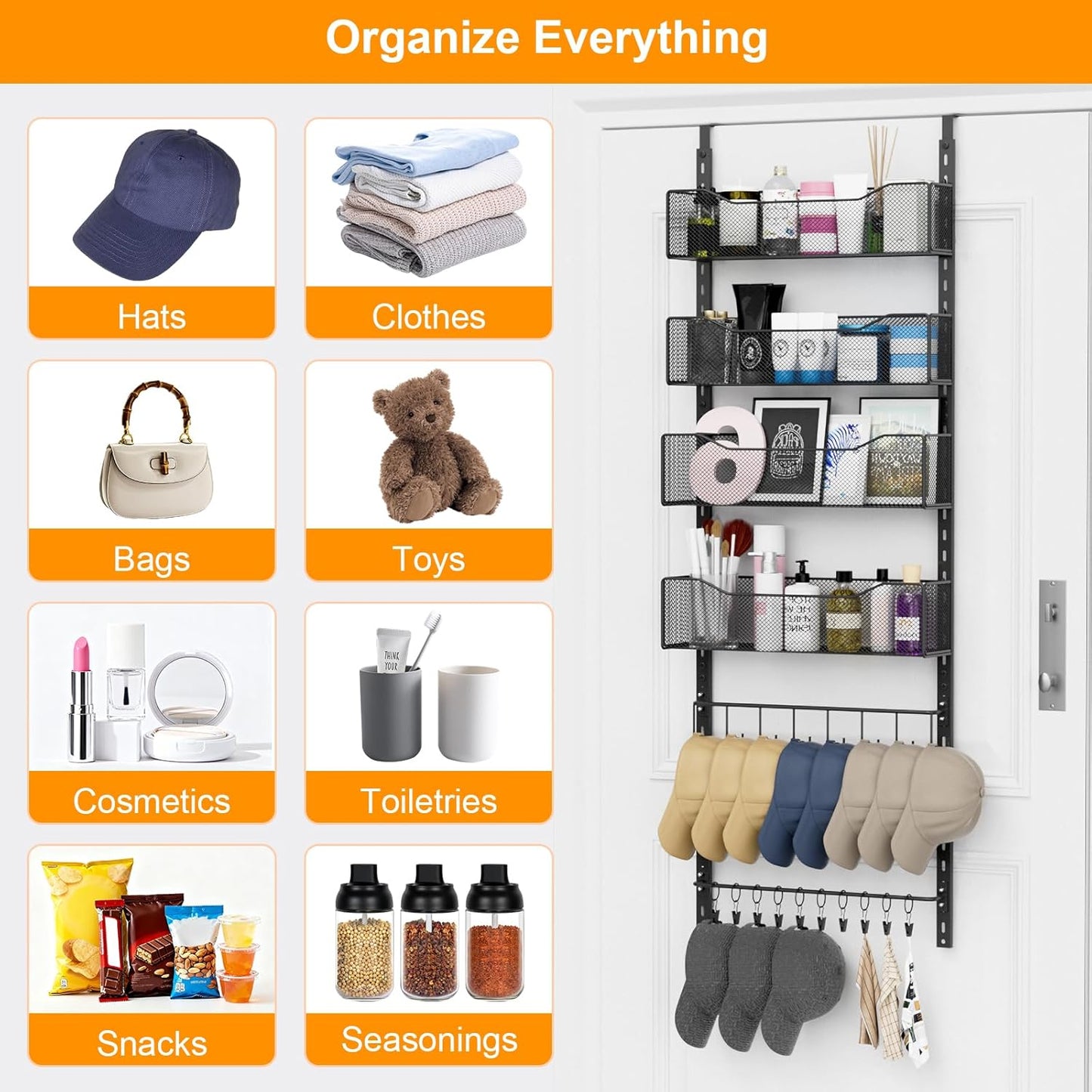 Over the Door Organizer, 2 in 1 Metal Hanging Closet Organizer & Hat Rack with 4 Adjustable Baskets, 8 Hooks, 10 Clips, Behind The Door Storage for Bedroom, Bathroom, Entrance, Closet, Kitchen, Black
