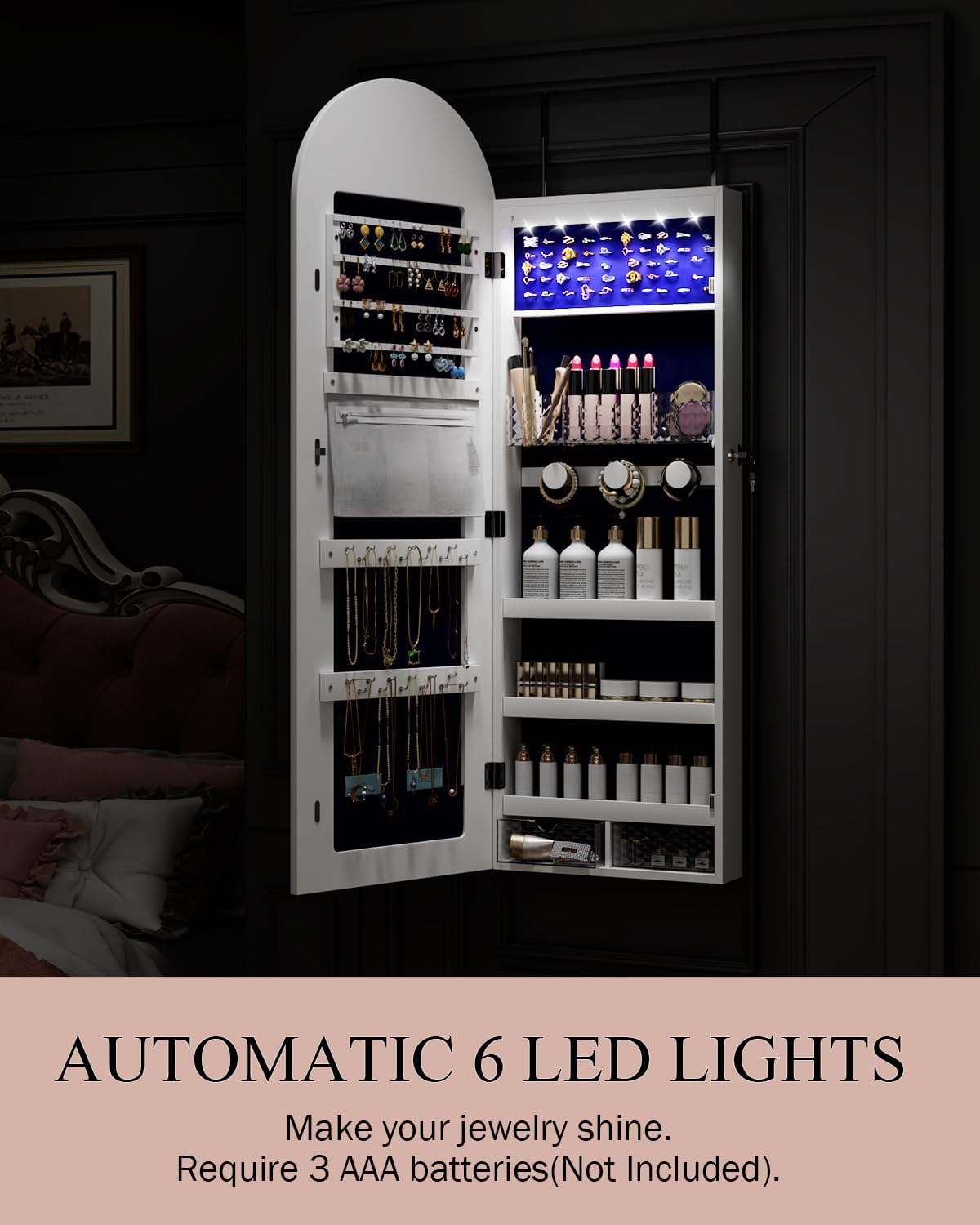 Jewelry Cabinet Organizer with Mirror, 47 inch Lockable Full-Length Mirror Jewelry Armoire Hanging Door/Wall Mounted with 6 LEDS, Arched Framed Mirror Cabinet with Storage, Gift for Women, White