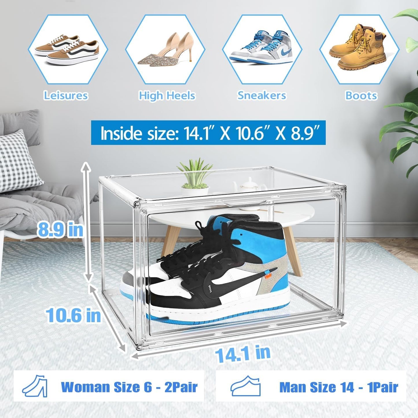 Size 14 Acrylic Sneaker Shoe Display Case Transparent Shoe Box Storage Bins Clear Plastic Stackable Boot Handbag Organizer Containers with Lids for Shoes, Figure, Collectible, Purse, 1Pack