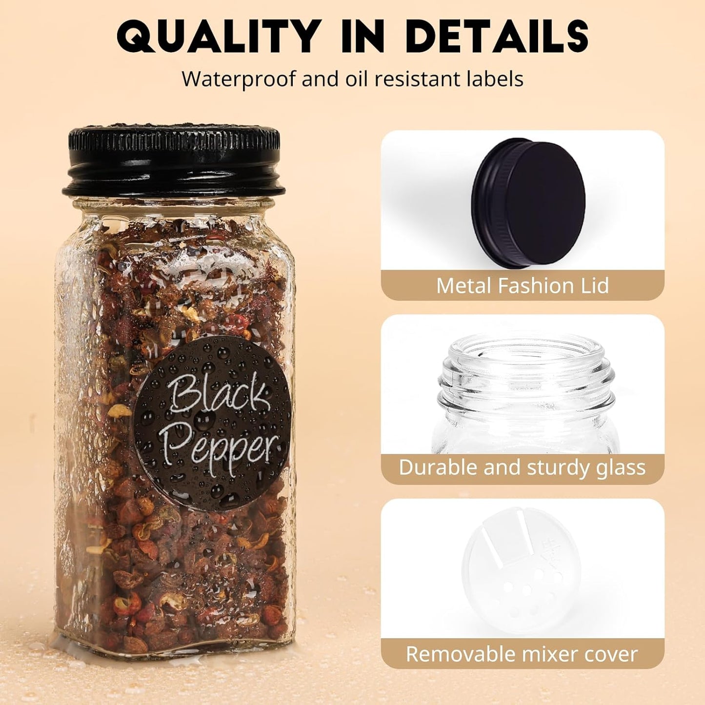 6Pcs Spice Jars with Label, 4oz Empty Square Seasoning Containers, Spice Jars with Shaker Lids, Small Spice Bottles for Salt, Herbs, Sugar, Pepper, Seasoning Jars for Spice Rack, Cabinet, or Drawer