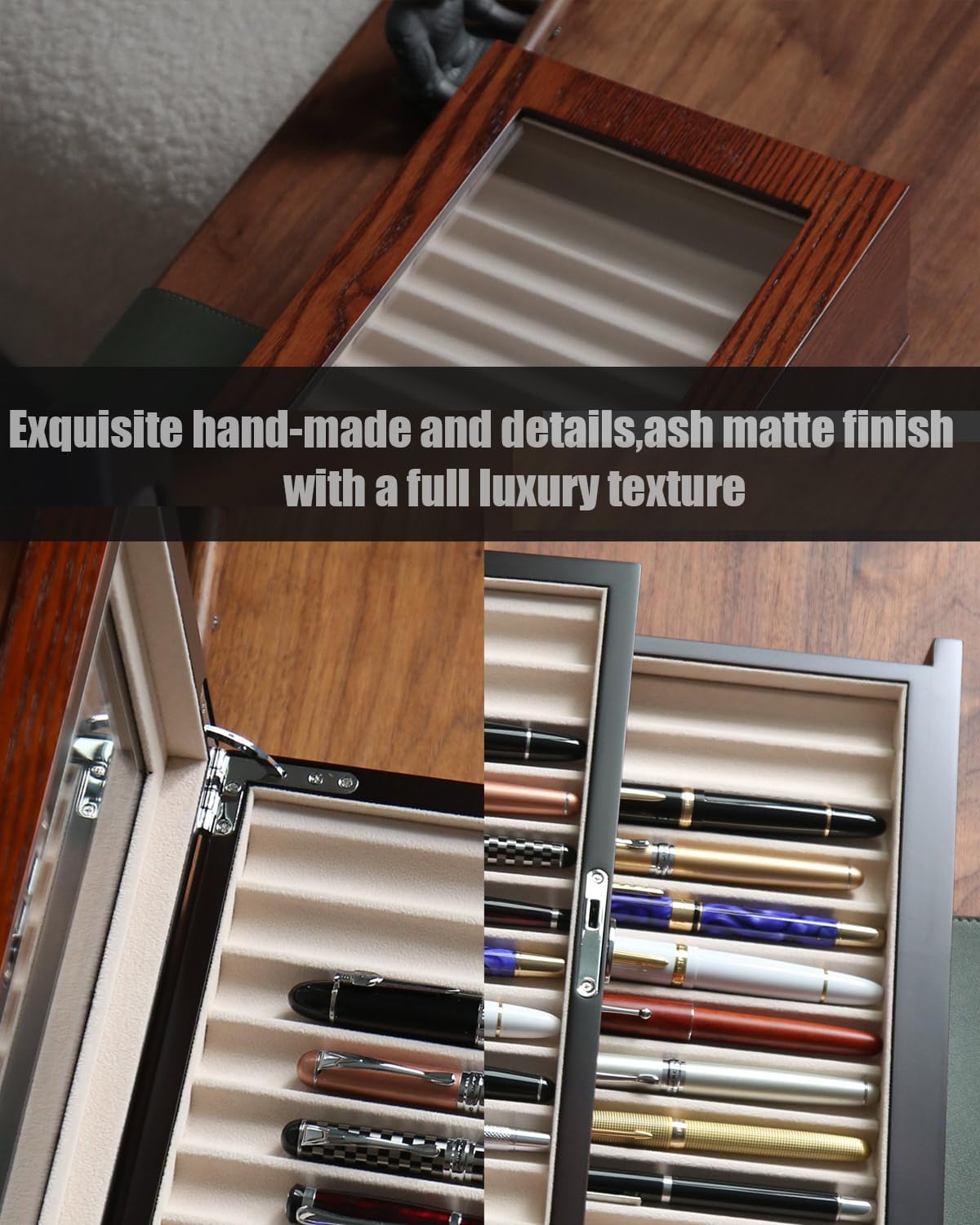 wood pen display case 24 slot Fountain pen Box storage Organizer with drawer, Top Glass Window Pen Collection Display Case