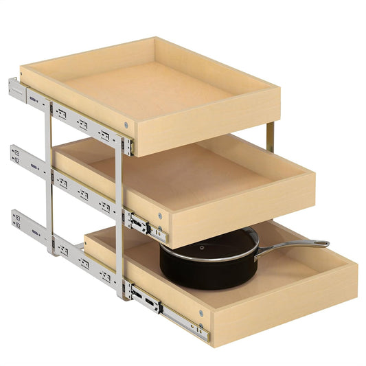 WelFurGeer 3-Tier Pull Out Cabinet Organizer with Soft Close, Heavy-Duty Slide Out Drawers for Cabinets, Pull Out Drawers for Cabinets, Bottom Mount Shelves for Kitchen, Pantry, Bathroom