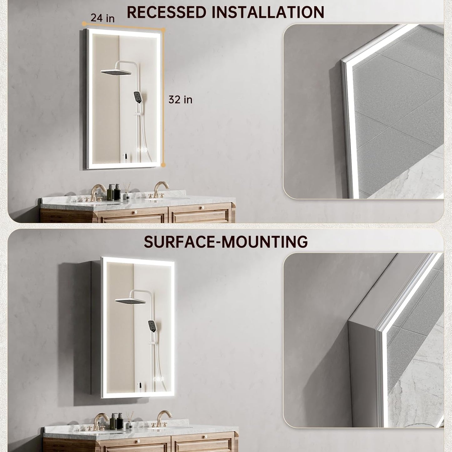 24"x32" Medicine Cabinet Mirror, LED Lighted Medicine Cabinet with Electrical Outlet＆USB, Anti-Fog, 3 Colors Temperature Stepless Dimmable, Aluminum Cabinet for Storage and Mordern Decor