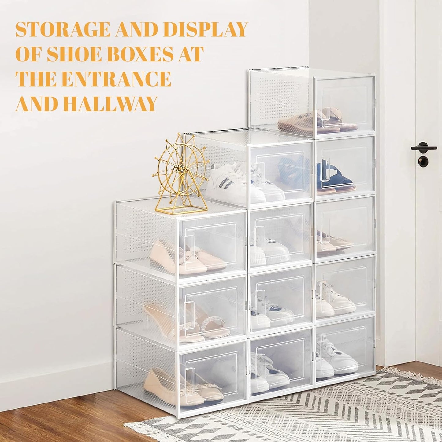 Shoe Boxes, Stack Without Toppling Modular storage boxes combine freely for use in closets, under beds, hallways, and entryways. Space-saving. (Transparent, 12 Pack)