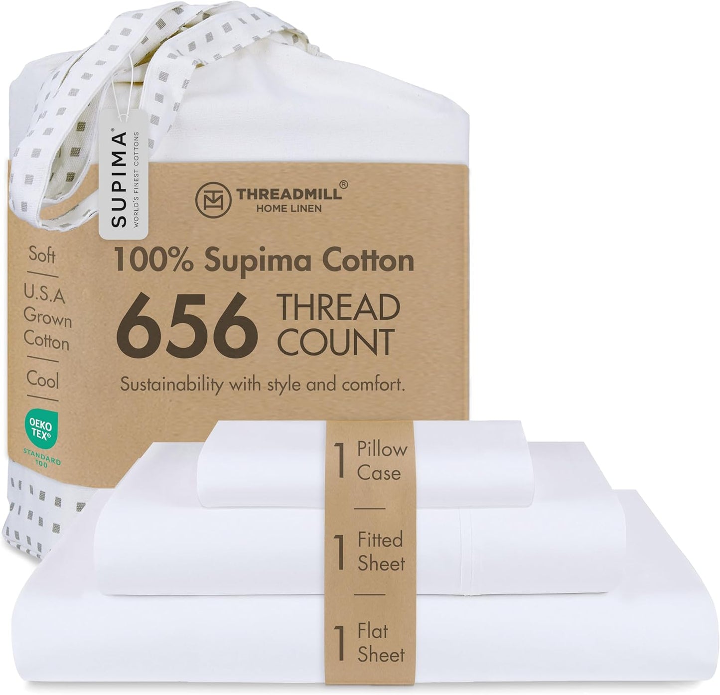 Threadmill Twin XL Sheet Sets | 656 Thread Count Supima Cotton Sheets for Twin XL Mattress | Solid Sateen Bed Sheets Set |16” Deep Pocket | Soft Breathable 3-Piece Cooling Sheet Set | White