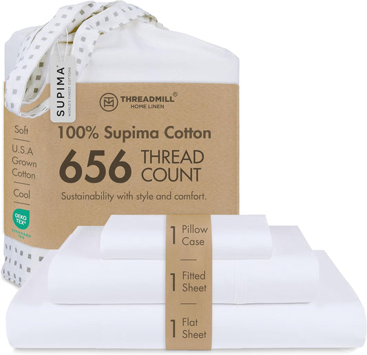Threadmill Twin XL Sheet Sets | 656 Thread Count Supima Cotton Sheets for Twin XL Mattress | Solid Sateen Bed Sheets Set |16” Deep Pocket | Soft Breathable 3-Piece Cooling Sheet Set | White