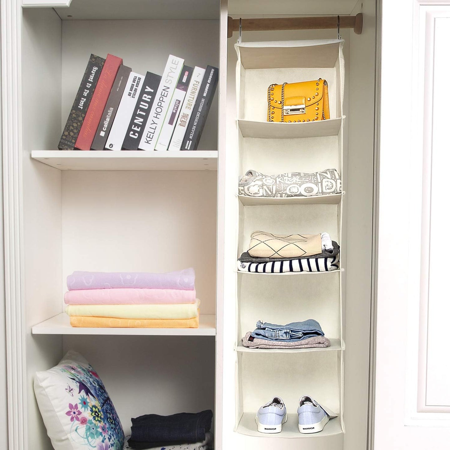 5 Shelves Hanging Closet Organizer, 2 Pack Hanging Storage with 6 Side Pockets for Clothes Shoes, 43"x12"x12"(Beige)