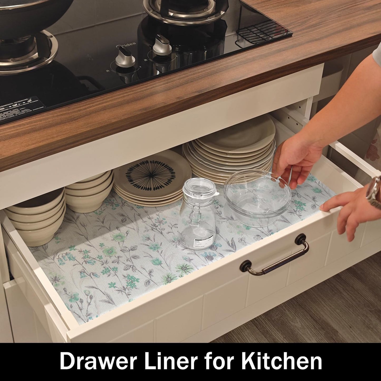 Blue and Green Floral Shelf Liners Non Adhesive and Strong Non-Slip Shelf and Drawer Liners for Kitchen Cabinet Wire Fridge, Waterproof Shelf Drawer Liner,Easy to Clean,12IN x 10FT