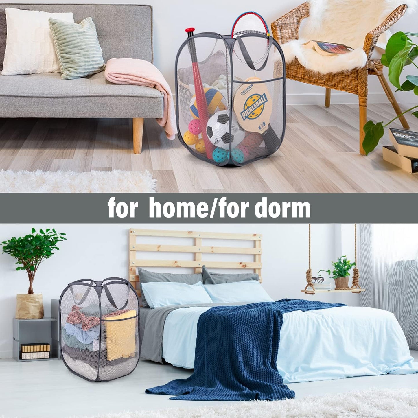 BATTOO Deluxe Strong Mesh Pop up Laundry Hamper Basket with Side Pocket for Laundry Room, Bathroom, Kids Room, College Dorm or Travel 2 Pack White