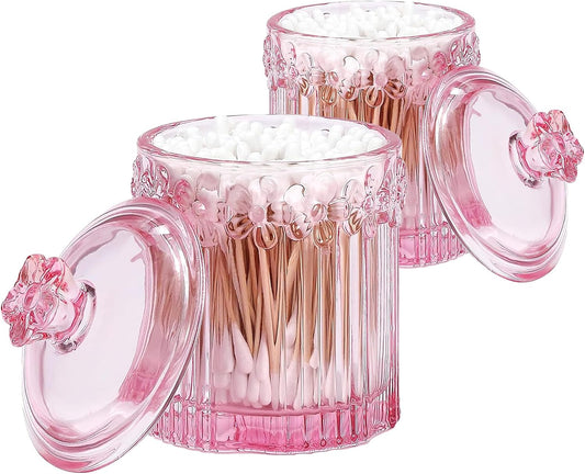 Pink Qtip Cotton Ball Hair Ties Candy Holder Makeup Storage Bathroom Accessories Organizer Thick Glass Apothecary Jars with Lid, 2pcs