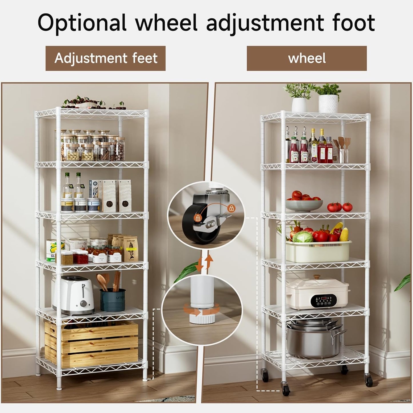 Small 6 Tier Shelf Storage Wire Shelving Unit Metal Shelves Adjustable Organizers Storage Shelving with Wheels for Bathroom Laundry Room Kitchen Pantry12”D x 18”W x 61.6”H White
