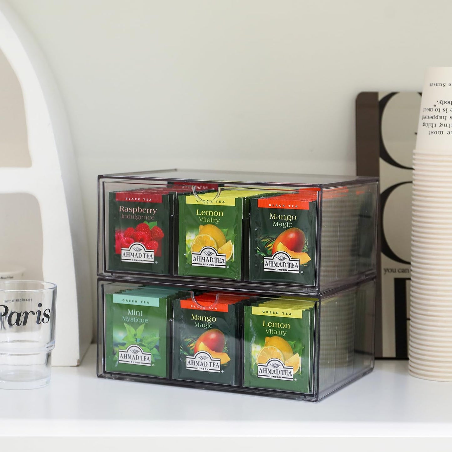 2 Large Acrylic Tea Bag Organizer, 9 Grids Tea Organizers and Storage with Acrylic Drawers Stackable, Teabag Holder Organizer for Counter Countertop Kitchen Cabinet