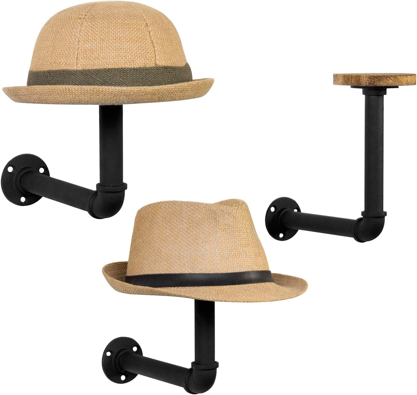 MyGift 3 Pcs Cowboy Hat Holder on Wall, Hat Rack Hooks, Wig Display Helmet Collection Organizer, Baseball Cap Hanger Entryway Bedroom, Realistic Black Metal Pipe Brown Wood