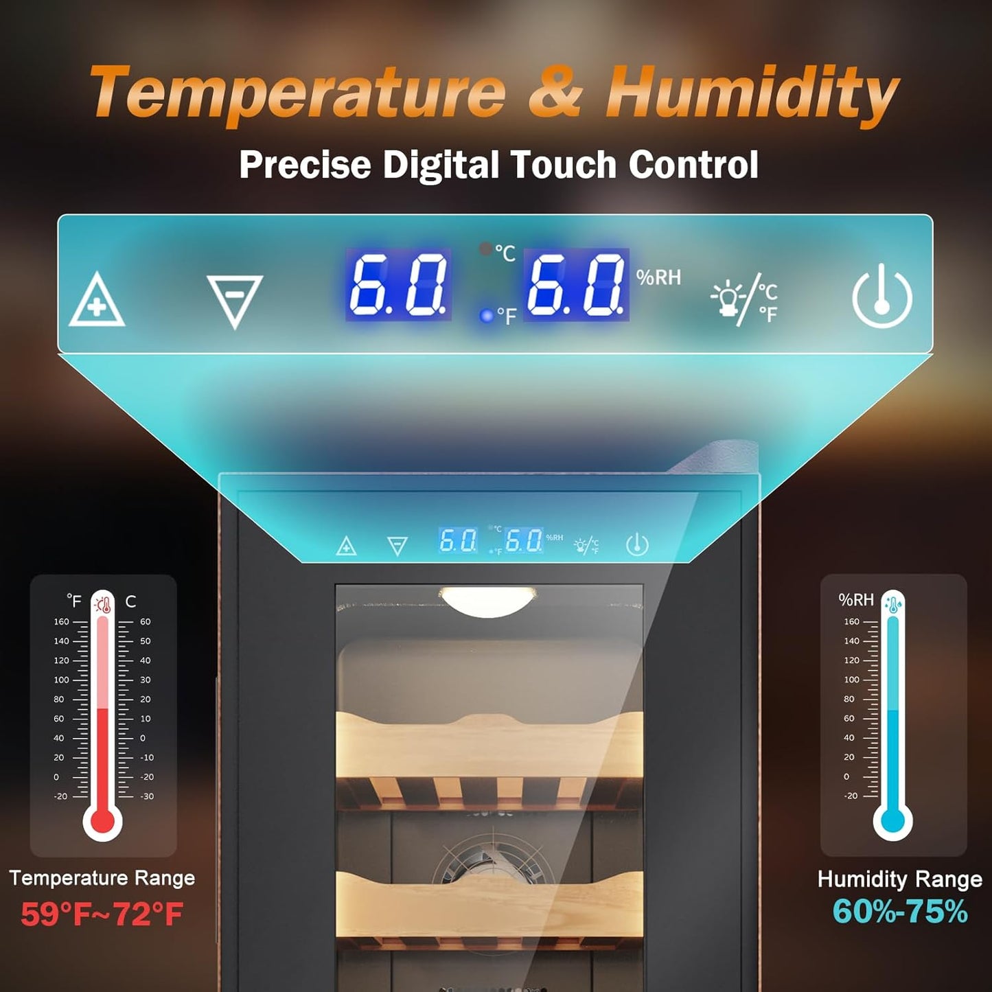 Electric Humidor with Leather-35L Cooling & Heating Humidor, Smart Touch Control Humidity & Temp, Humidors wtih Spanish Cedar Wood Tray, Digital Display, Safety Lock, Desktop Gift for Men