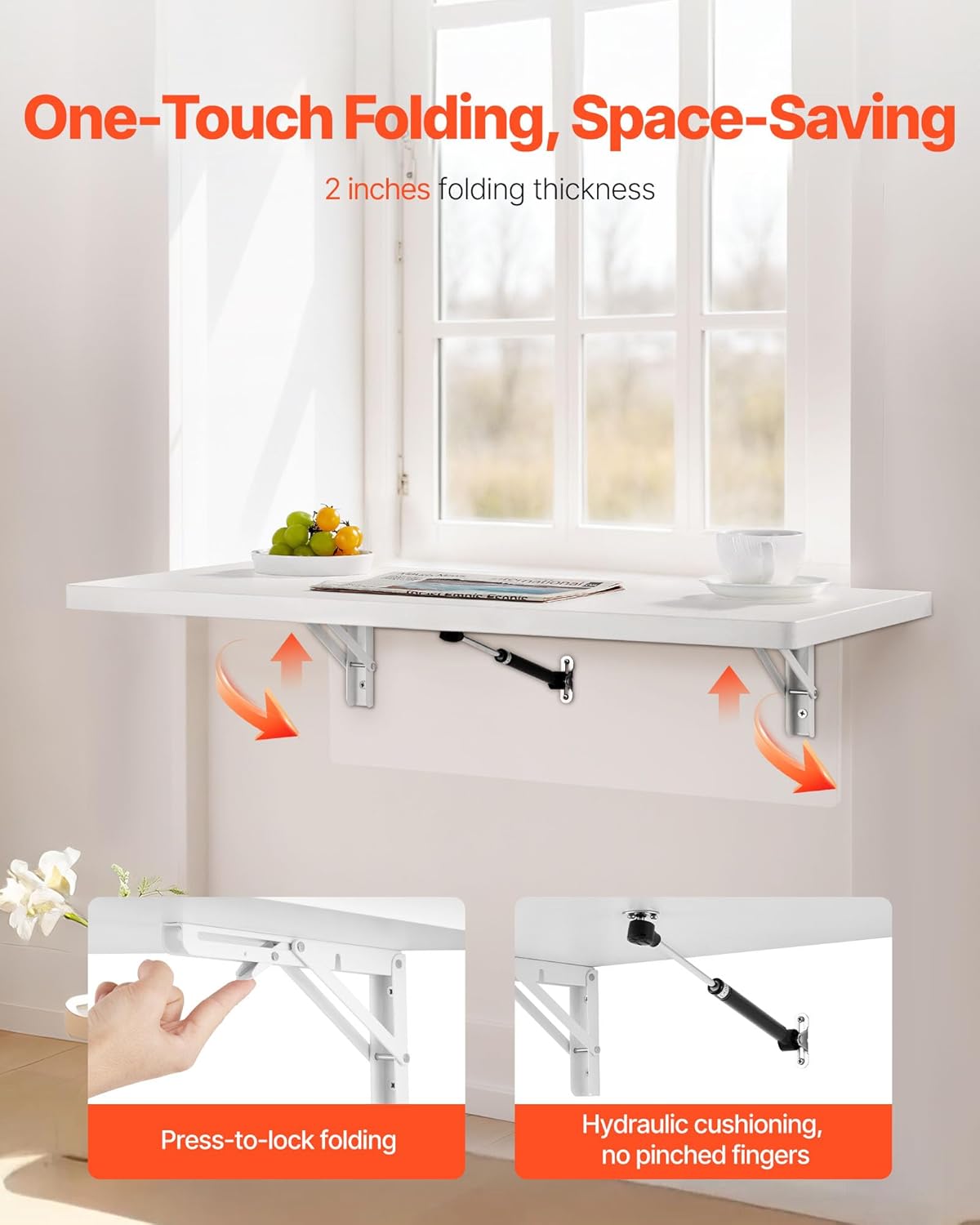 VEVOR Wall Mounted Folding Table, 31.5 x 15.7 inches Wall Mount Table, Floating Desk with Iron Bracket for Small Spaces, Home Office, Dining, Laundry Room, Kitchen, Bar, White