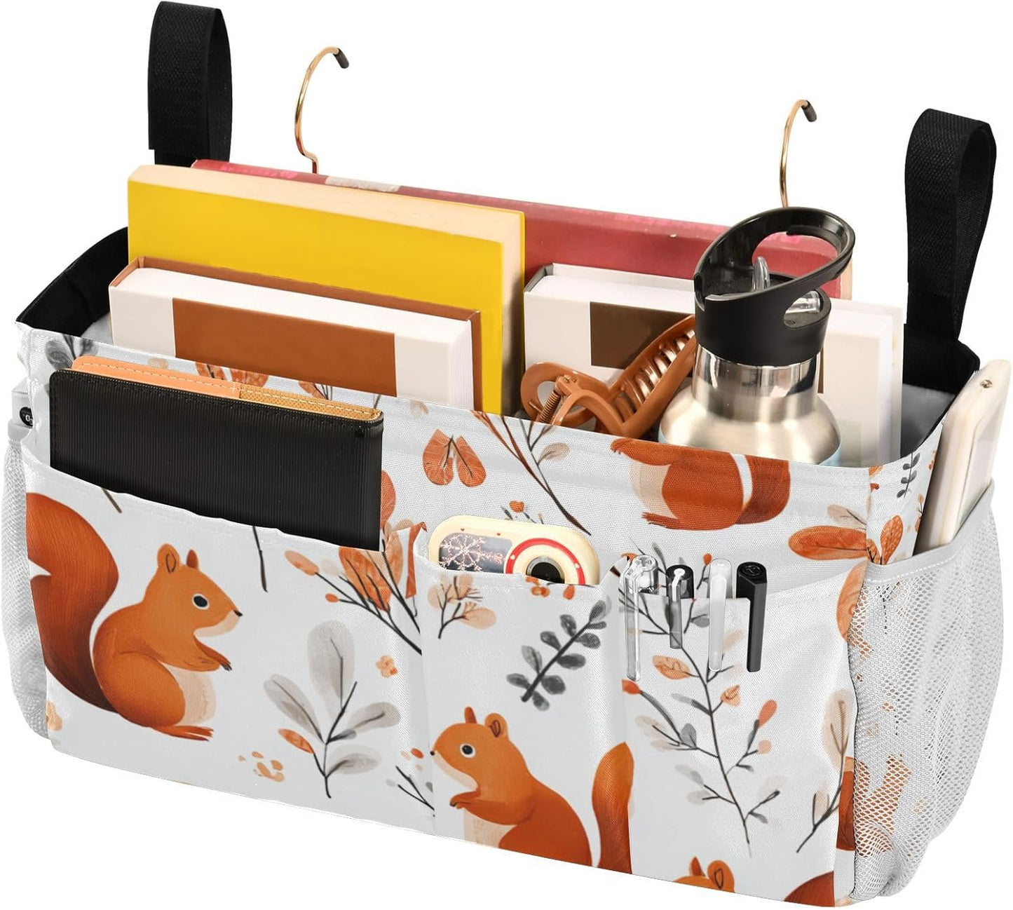 Squirrels and Fall Leaves Bedside Caddy for Dorm Bed Bedside Hanging Caddy Bag Iron Frame Storage Organizer Pocket for Bunk Home College Hospital Beds 2 Hooks
