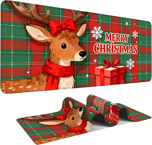 Merry Christmas-Elk Gaming Mouse Pad 35.4"x15.7"Desk Mat Anti-Slip Rubber Base & Durable Stitched Edges for Gamers Smooth Mouse Writing Surface for Desk Office/Home