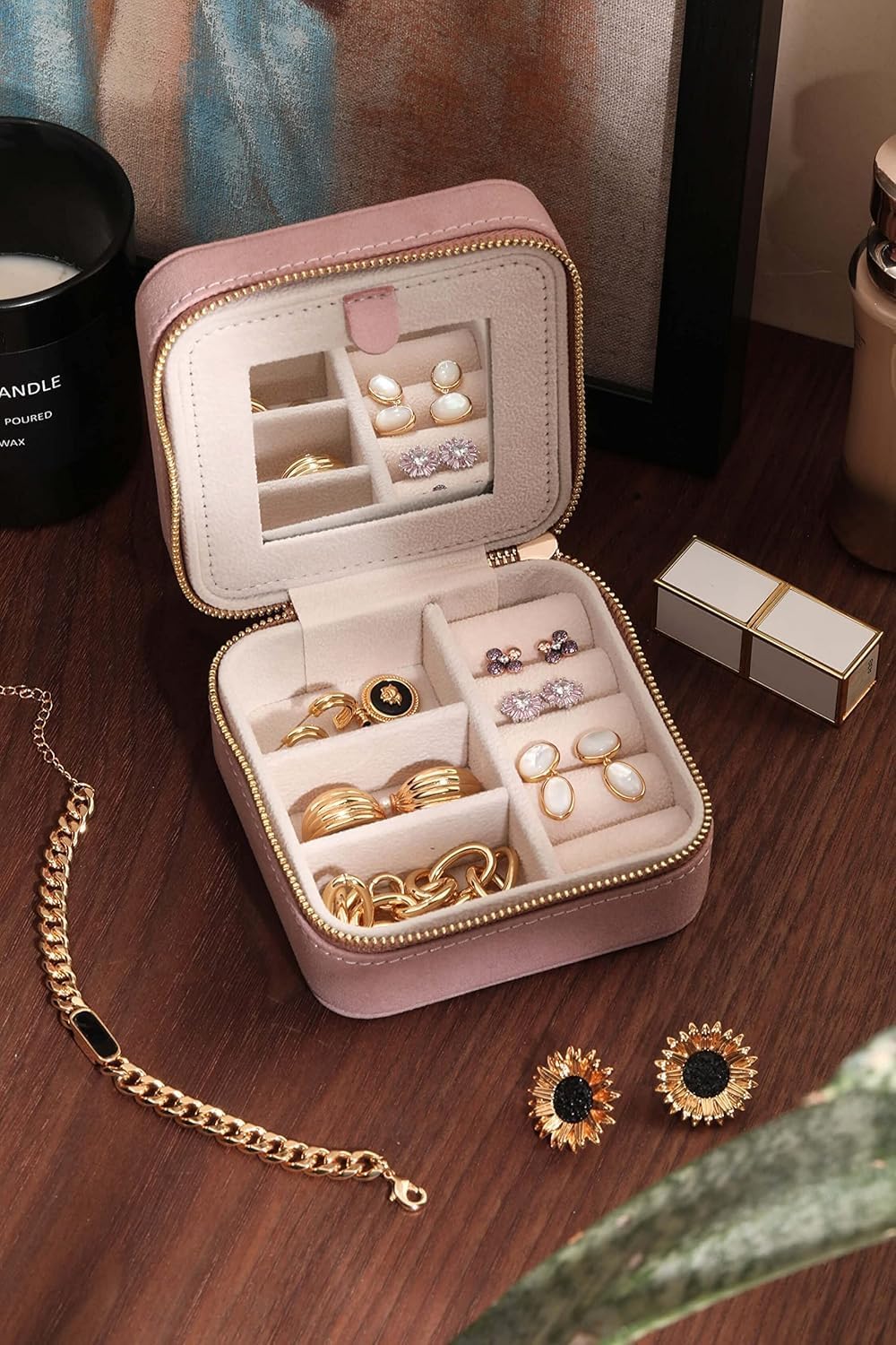 S.Leaf Travel Jewelry Organizer Boxes for Women Small Portable Necklace Earrings Bracelet Rings Travel Case Best Friend Birthday Gifts for Women Trendy (Butterfly_Pink_Gold)