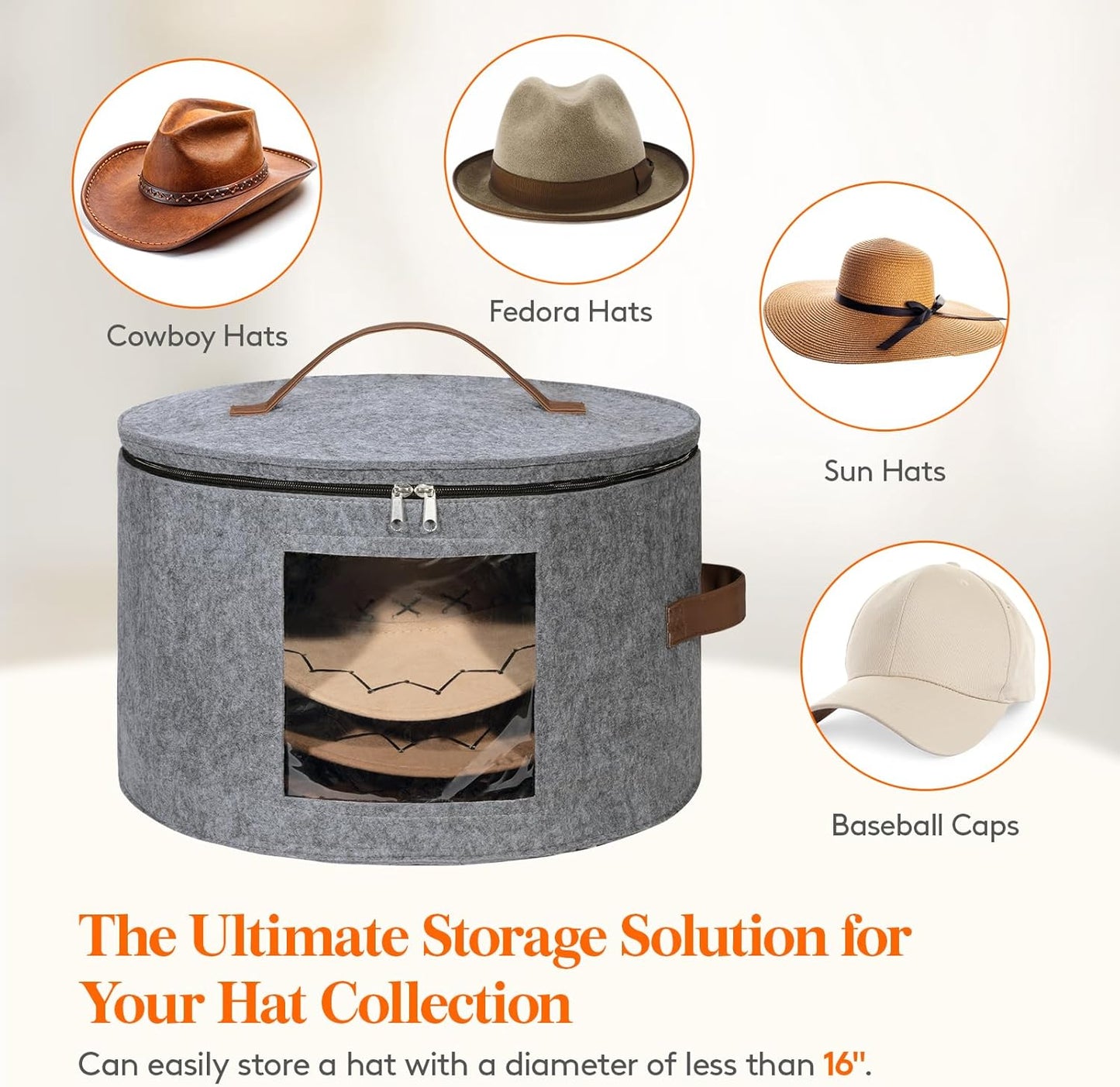 Lifewit Round Cowboy Hat Box for 7 Caps, Large Felt Hat Organizer Bag for Men & Women Storage, Baseball Cap Container with Dustproof Lid for Travel, Foldable 16.5" D x 10.6" H Carrier, Gray