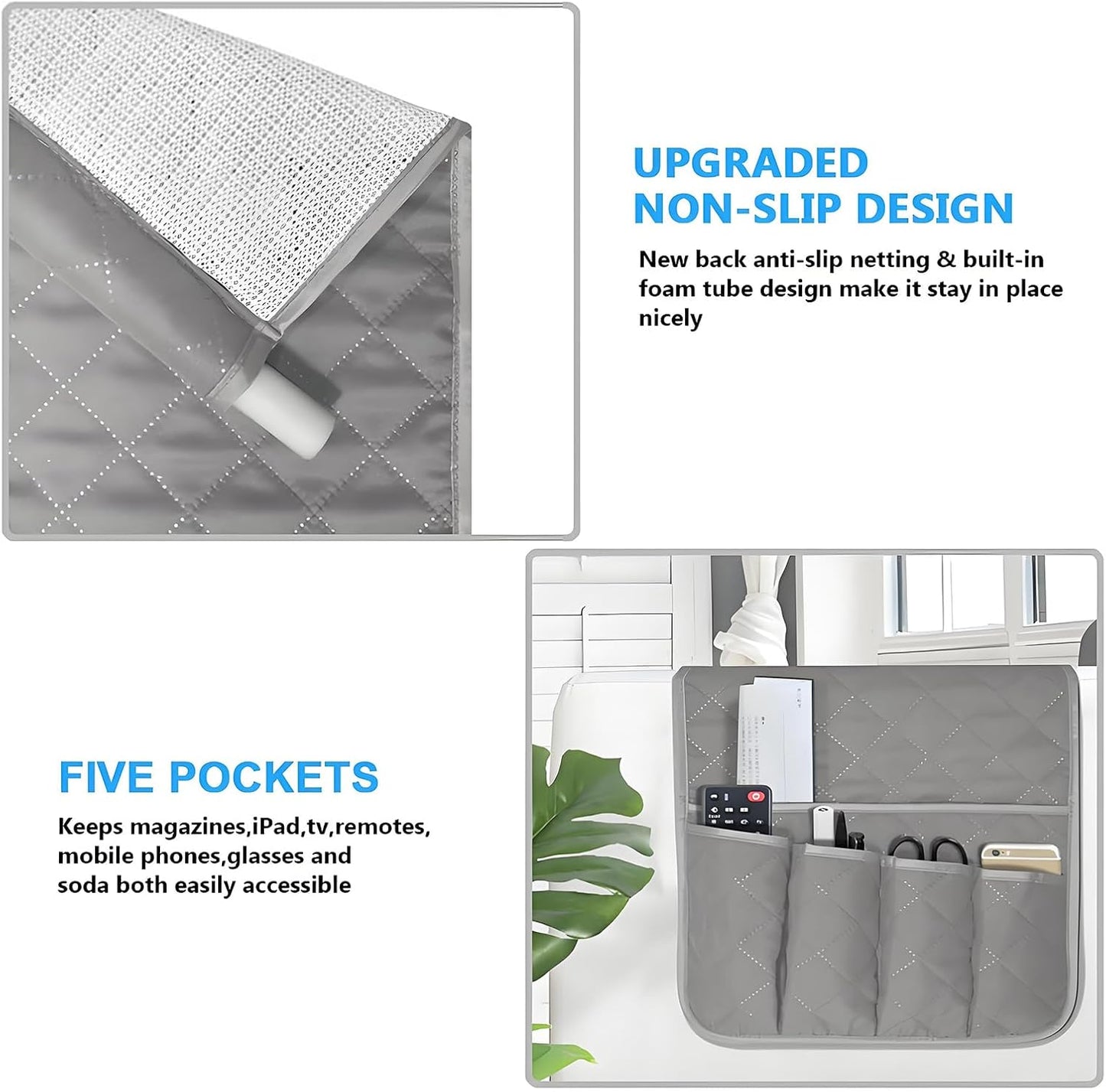 Sofa Armrest Organizer Non-Slip Arm Chair Bedside Caddy Storage Organizer for Recliner Couch with 5 Pockets for Cell Phone TV Remote Control Magazines(LIGHT GRAY)
