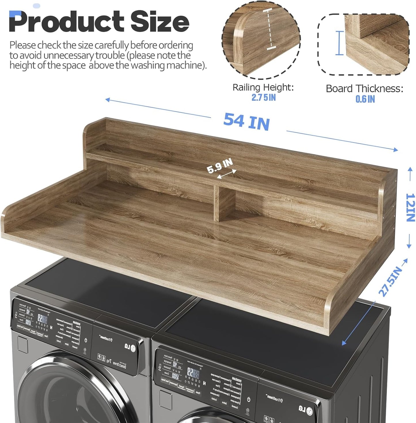 2-Tier Washer and Dryer Countertop with 2.75" H Guard,54" W x 27.5" D Laundry Countertop Cover with Non-Slip Pad,Large Space Laundry Topper for Folding Clothes Over Washer and Dryer-White Oak