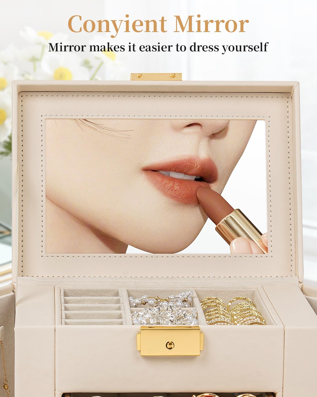 TORIBIO Jewelry Box for Women, Leather Jewelry Organizer with Mirror & Lock, 5-Tier Jewelry Storage Organizer with 4 Drawers for Girls/Women/Mothers, Necklace Earring Bracelets Holder Organizer