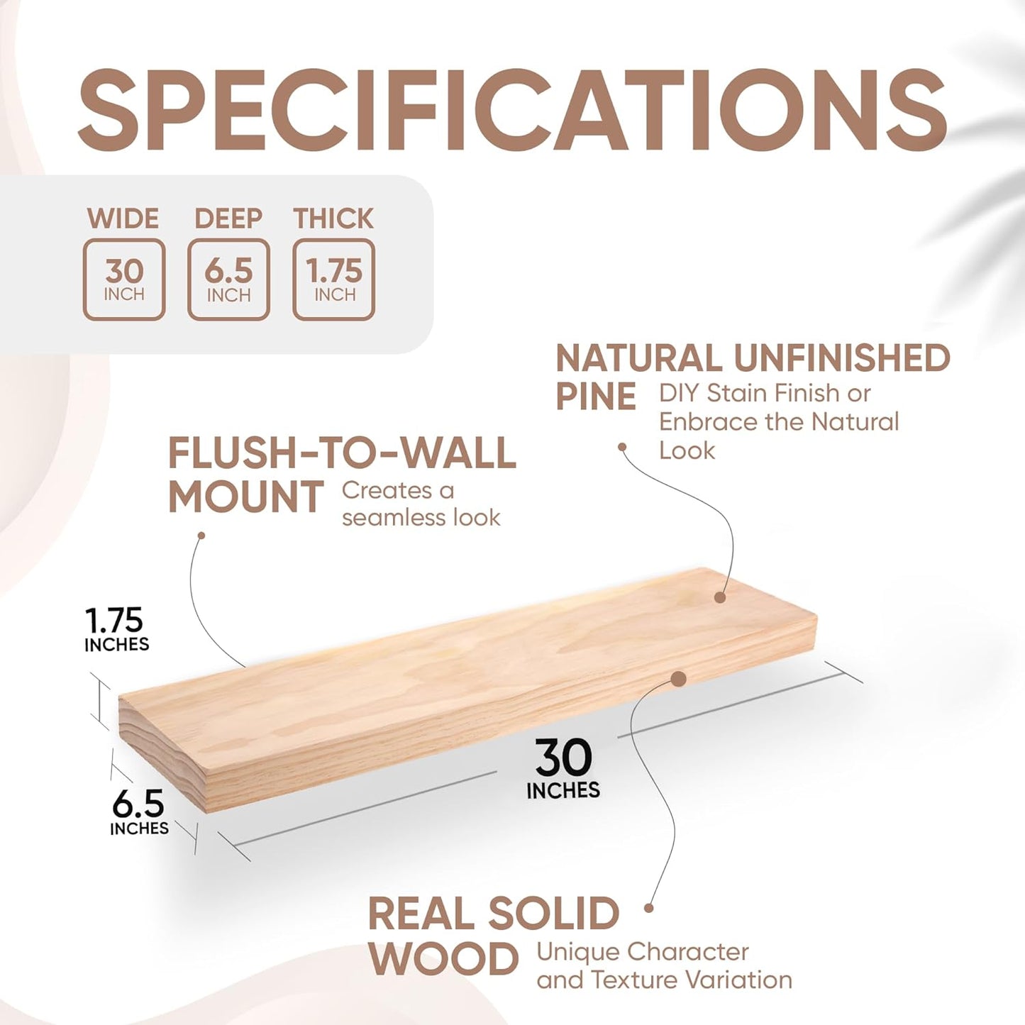 Homeforia 30 inch Wood Floating Shelves, High End Solid Natural Wood 30inch Floating Shelf for Wall, Unfinished Wooden 30 inches Floating Shelves, Heavy Duty Bracket, 30 X 6.5 X 1.75 in, Set of 4