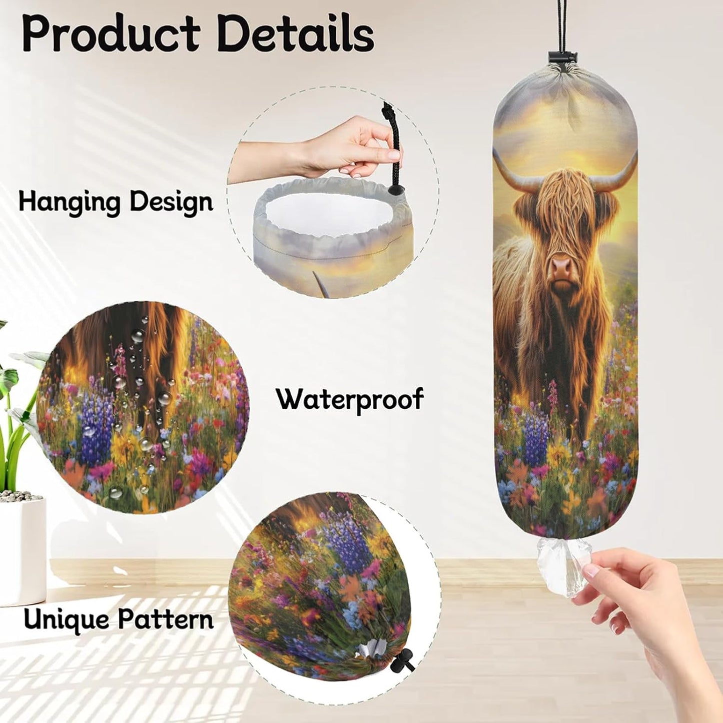 Farmhouse Highland Cow Plastic Bag Holder 2 Pcs Grocery Bag Organizer Reusable Trash Bags Organizer Wall Mount Washable Kitchen Dispenser Holders with Drawstring Closure