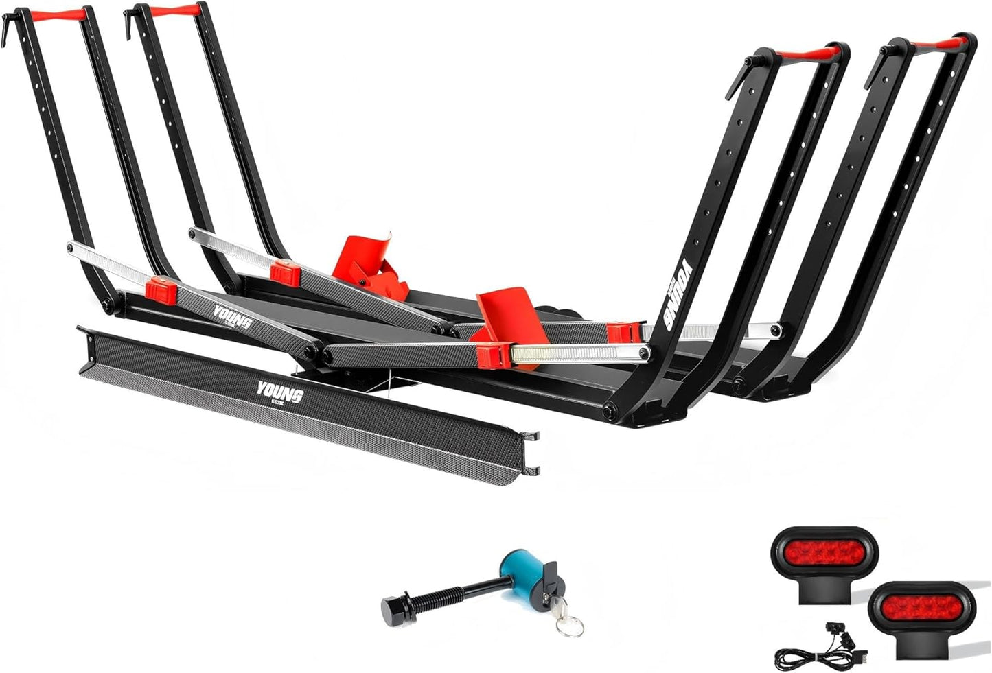 Young Ebike Rack & Brake Light Bundle, 2-Bike Hitch Mount Platform with Ramp, Fits Fat Tire up to 5", Foldable Carrier for Car SUV Truck RV, Waterproof LED Tail Light Kit, FMVSS108 Certified