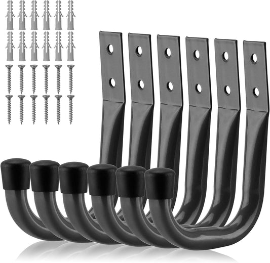 HORUSDY 6-Pack Heavy Duty Metal Wall Hooks, Large Garage Storage & Organization Hooks for Tools, Extension Cords, Ladders, and Bags, Wall Mount J Hooks for Indoor Outdoor Use, Gray