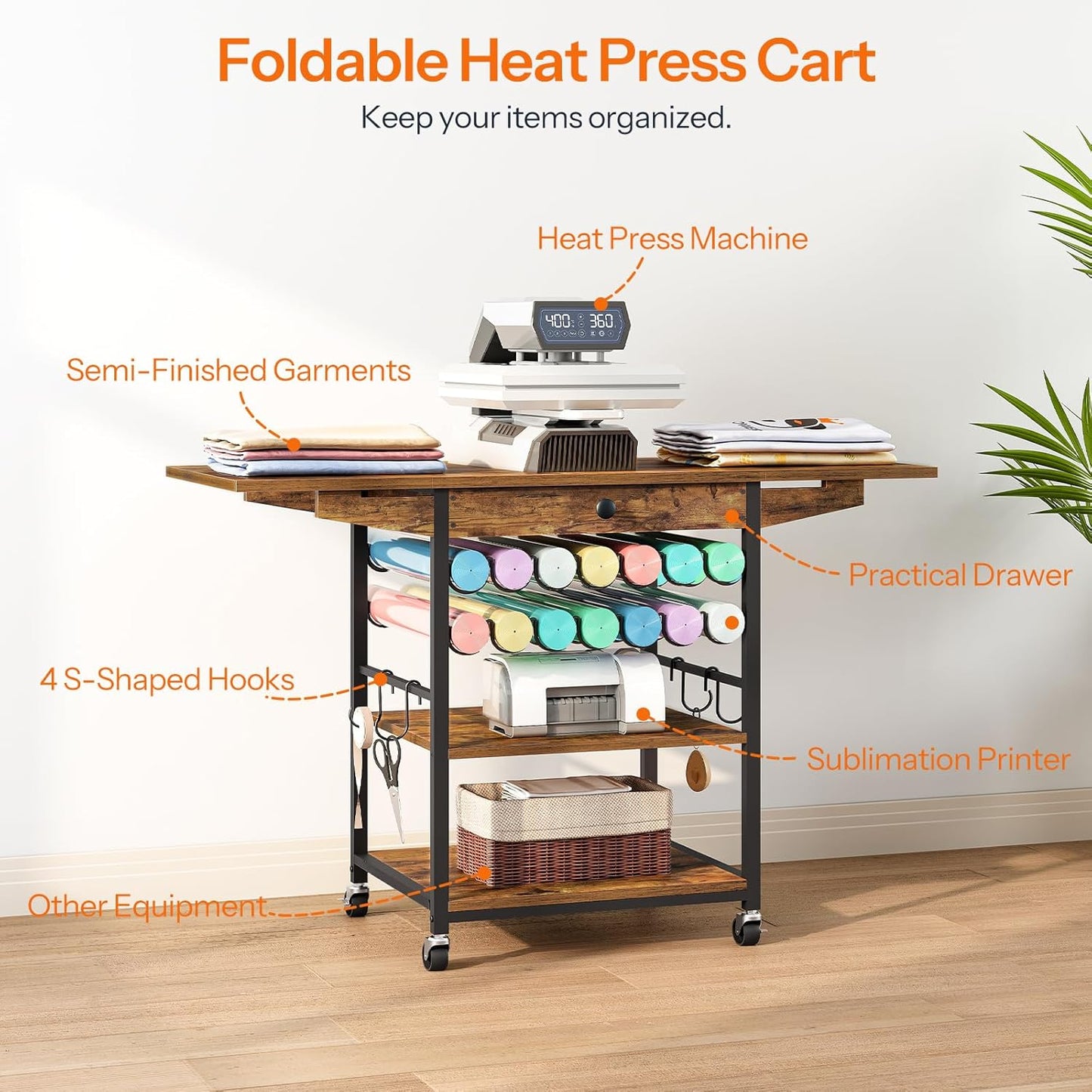 HOOBRO Foldable Heat Press Table, Movable Heat Transfer Stand with Vinyl Roll Holder and Drawer, 3-Tier Craft Table with Folding Shelf, Mobile Workbench Cart for DIY Sublimation, Rustic Brown BF84CJ01
