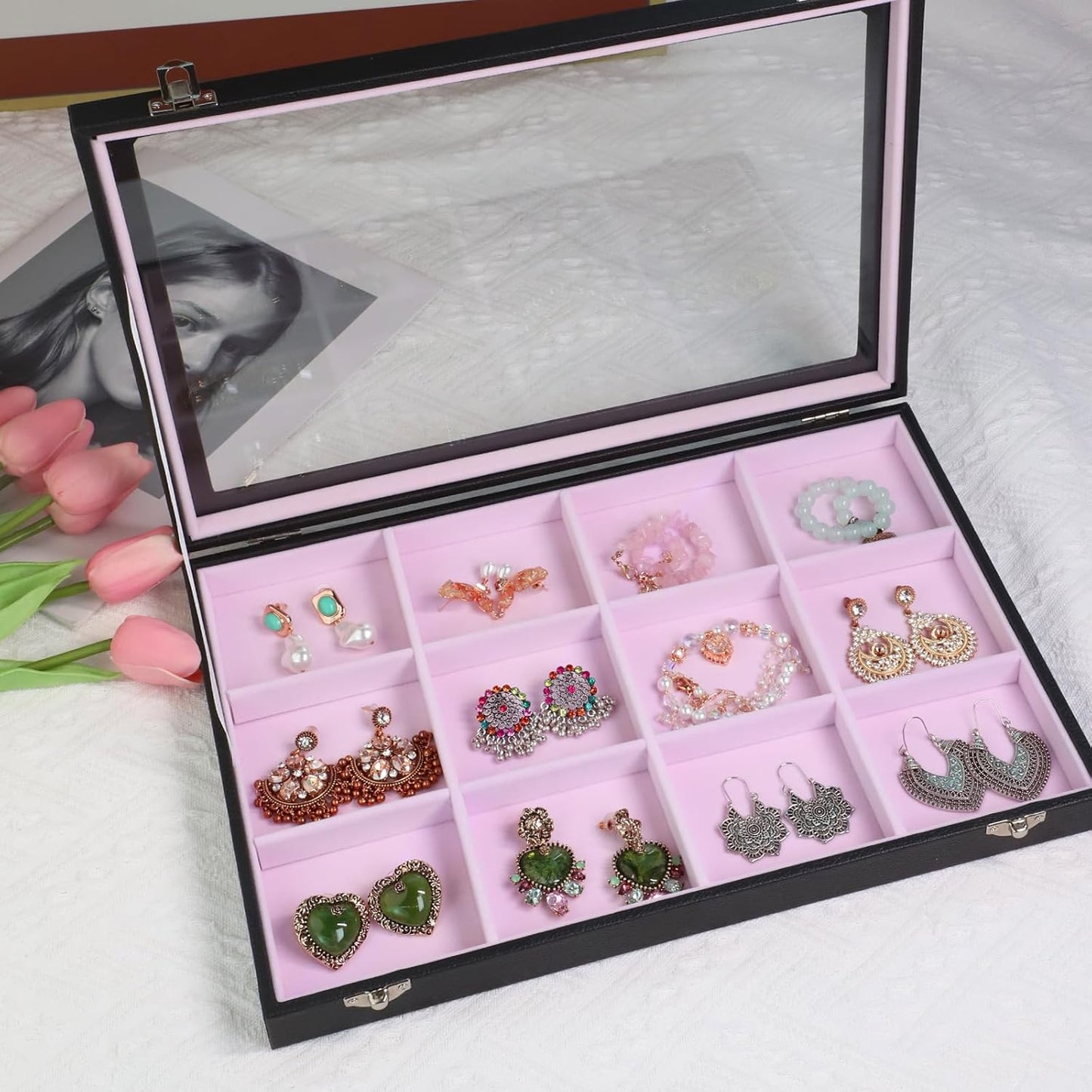 Stratalife Jewelry Organizer Bracelet Earring Holder Organizer Jewelry Drawer Storage Anti Tarnish Bangle Ring Holder Box for Women Girls 12 Grid (Pink Black)